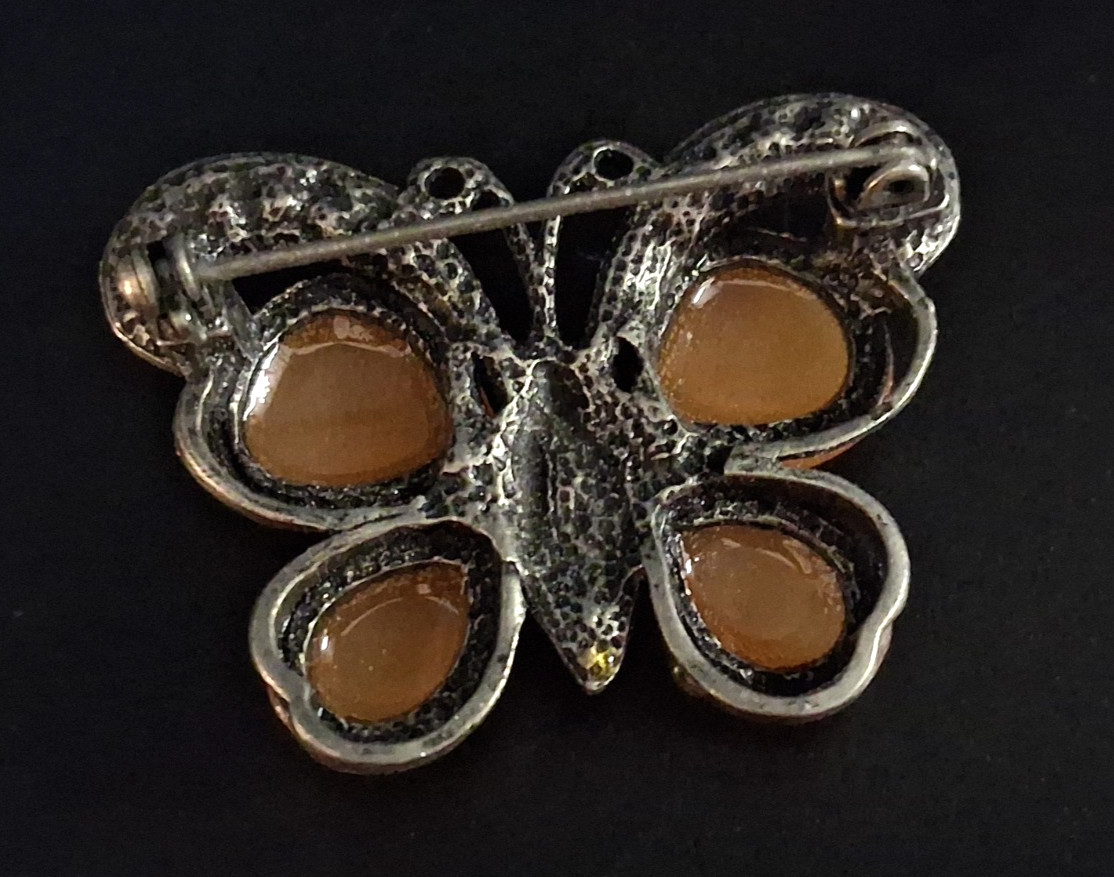 Vintage Beautiful Butterfly Brooch Pink Rhinestone Butterscotch Wings Pin Rare