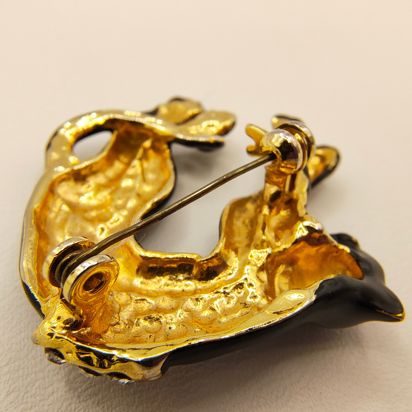 Vintage Black Panther Brooch Pin Enamel Gold Tone White Rhinestone Puma Jaguar