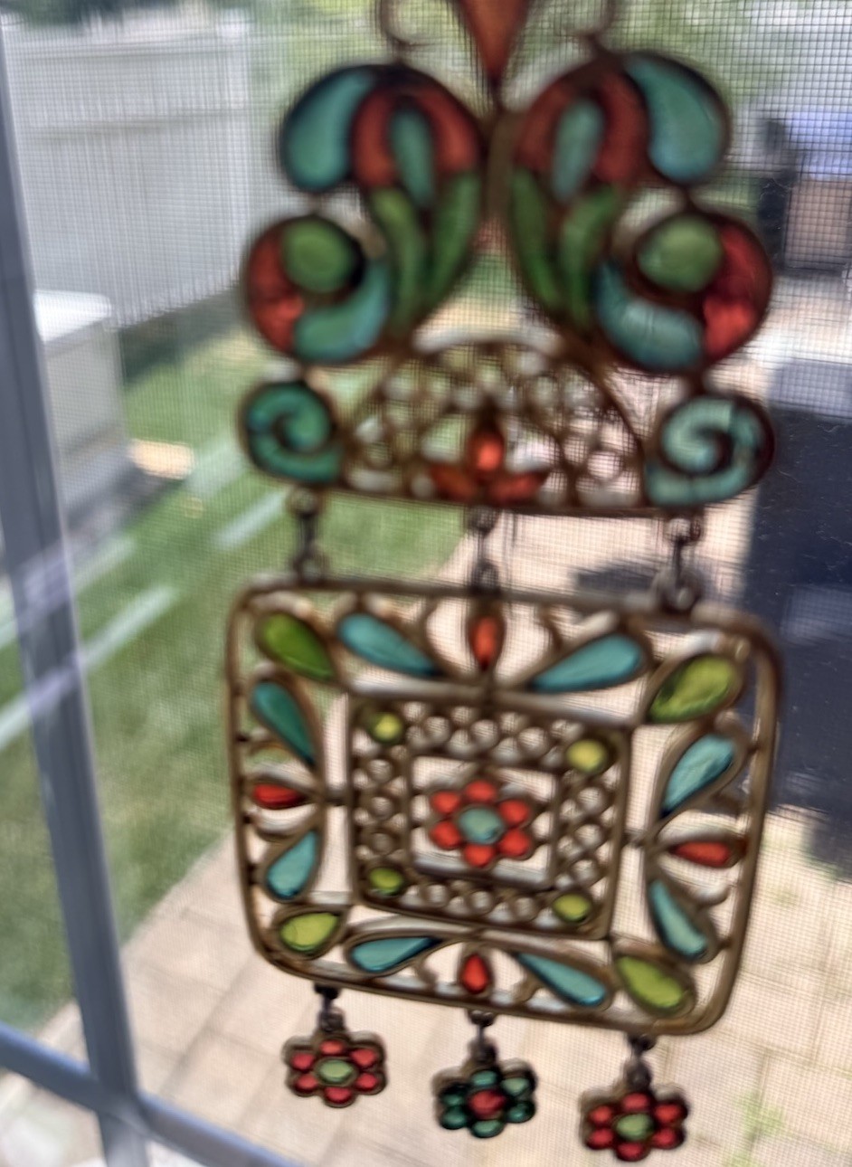 Trifari Plique a Jour Necklace Gold Tone Red Green Stained Glass Pendant Vintage