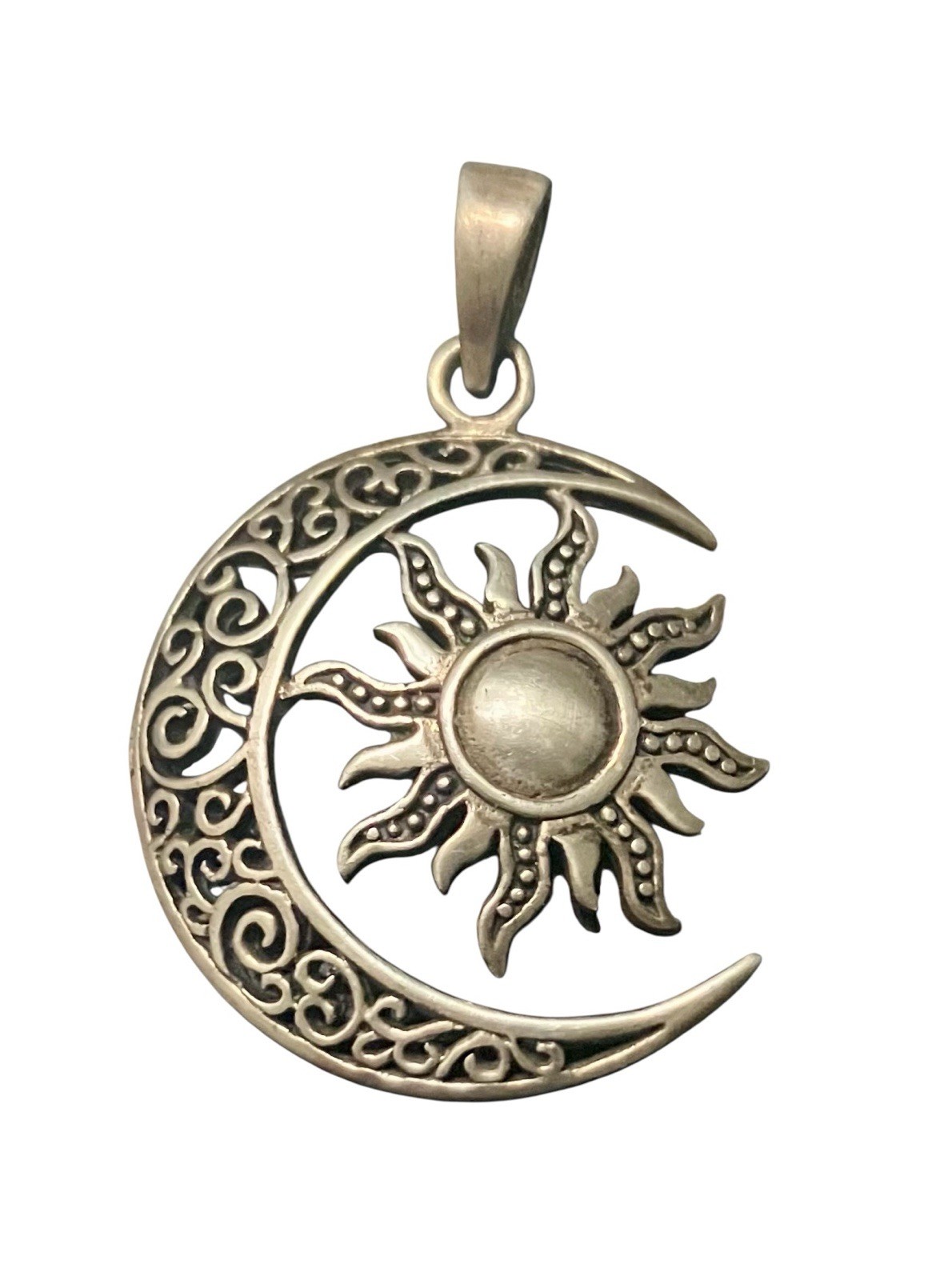 VTG Sterling Silver SUN & Crescent MOON Boho Celestial Pendant 1.5” Statement