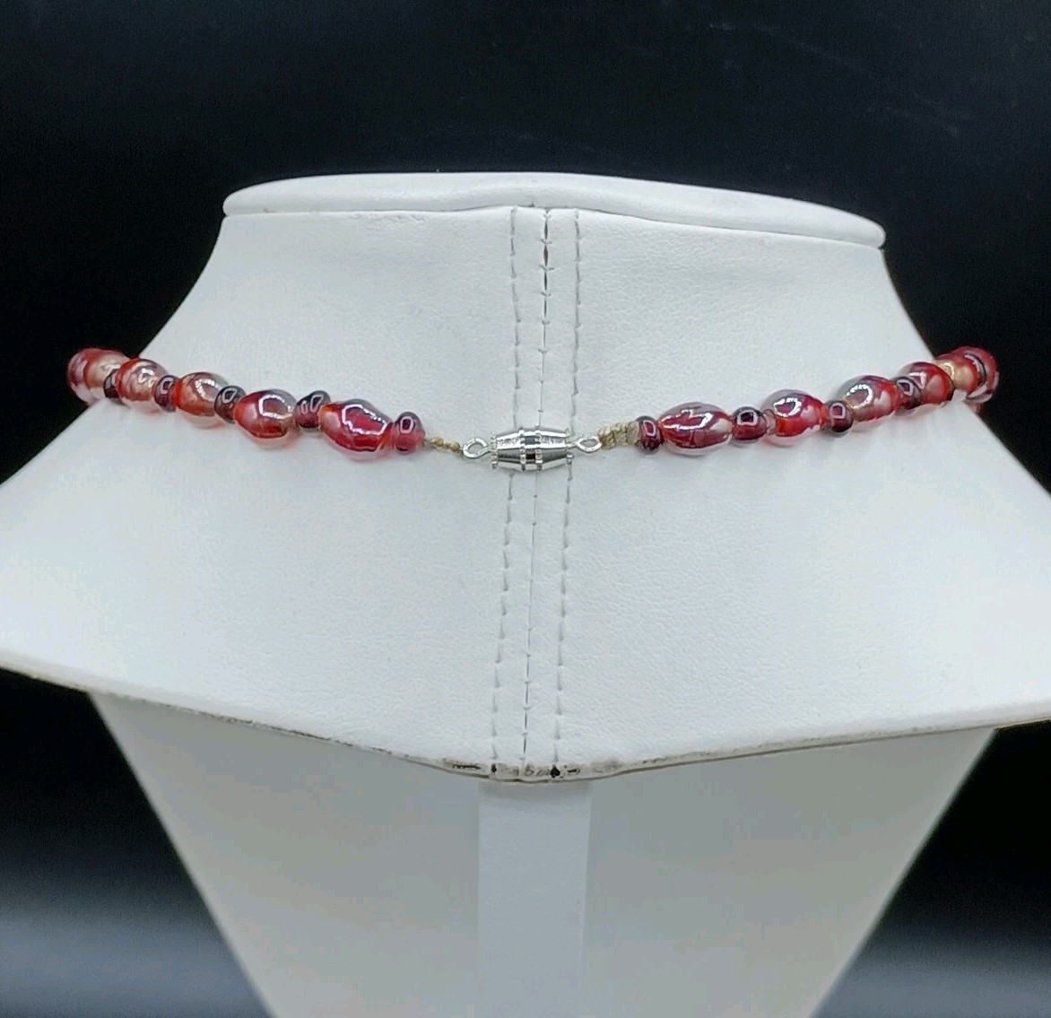 Antique Glass Necklace Beaded Purple Red Opalescent Y Dangle Barrel Clasp 18″