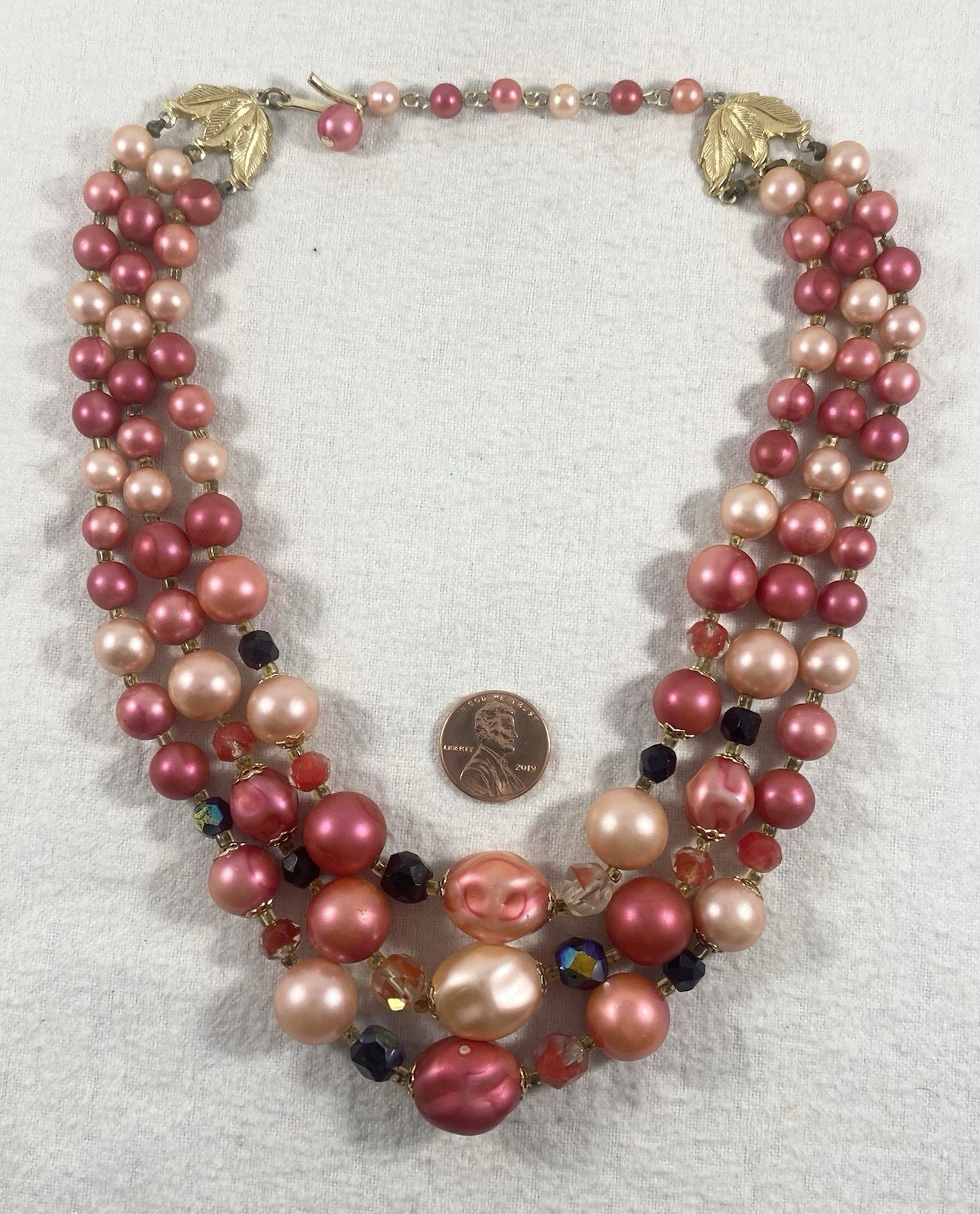 Vintage JAPAN Acrylic Lucite Three Strand Bead Necklace 16” Long