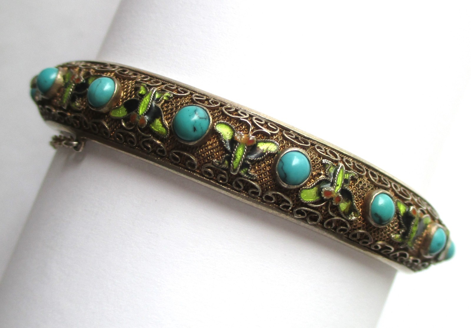 VINTAGE CHINESE STERLING SILVER ENAMEL TURQUOISE HINGED BANGLE BRACLET EXPORT