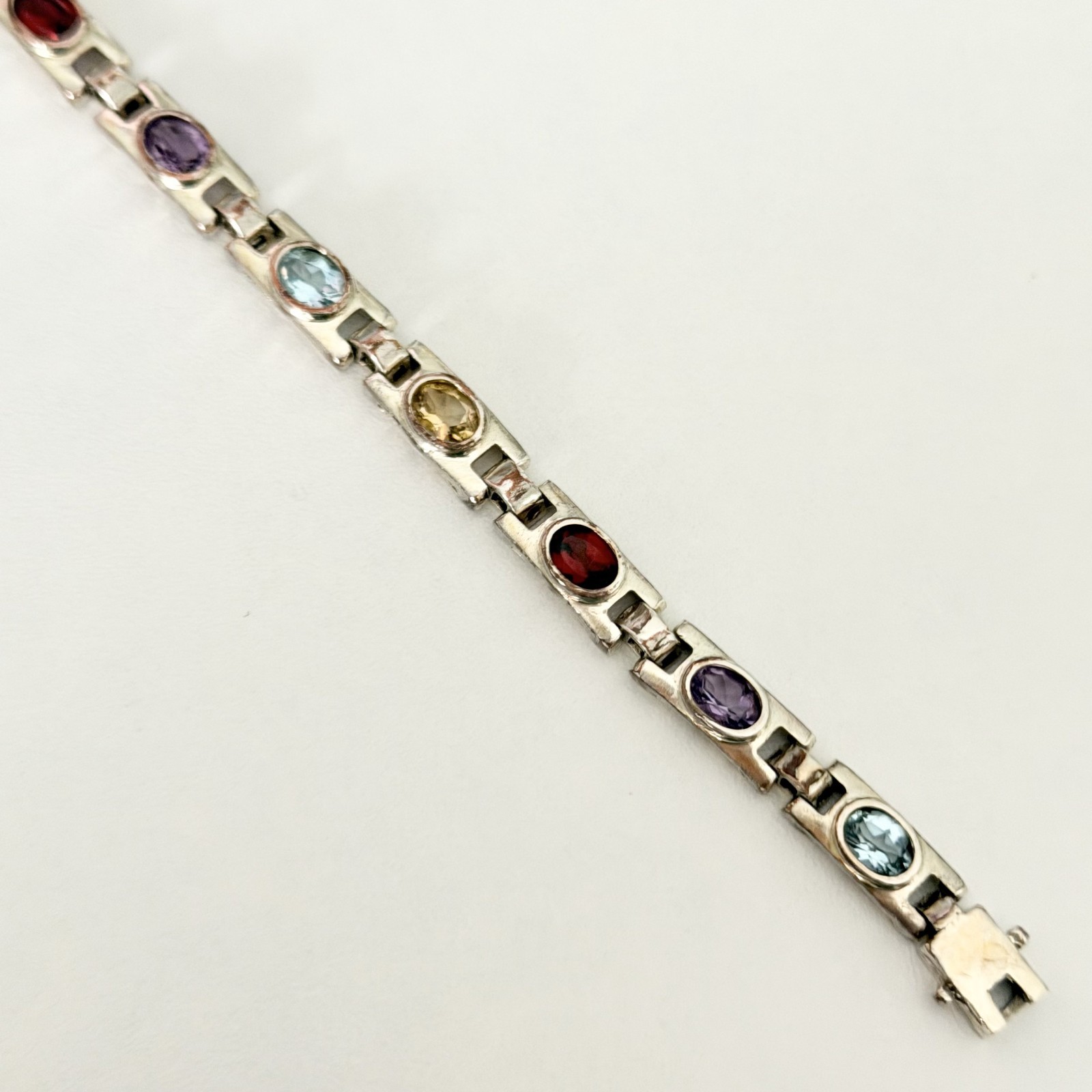 Vintage 925 Sterling Silver Genuine Multi Gemstone Tennis Bar Link Bracelet 7″