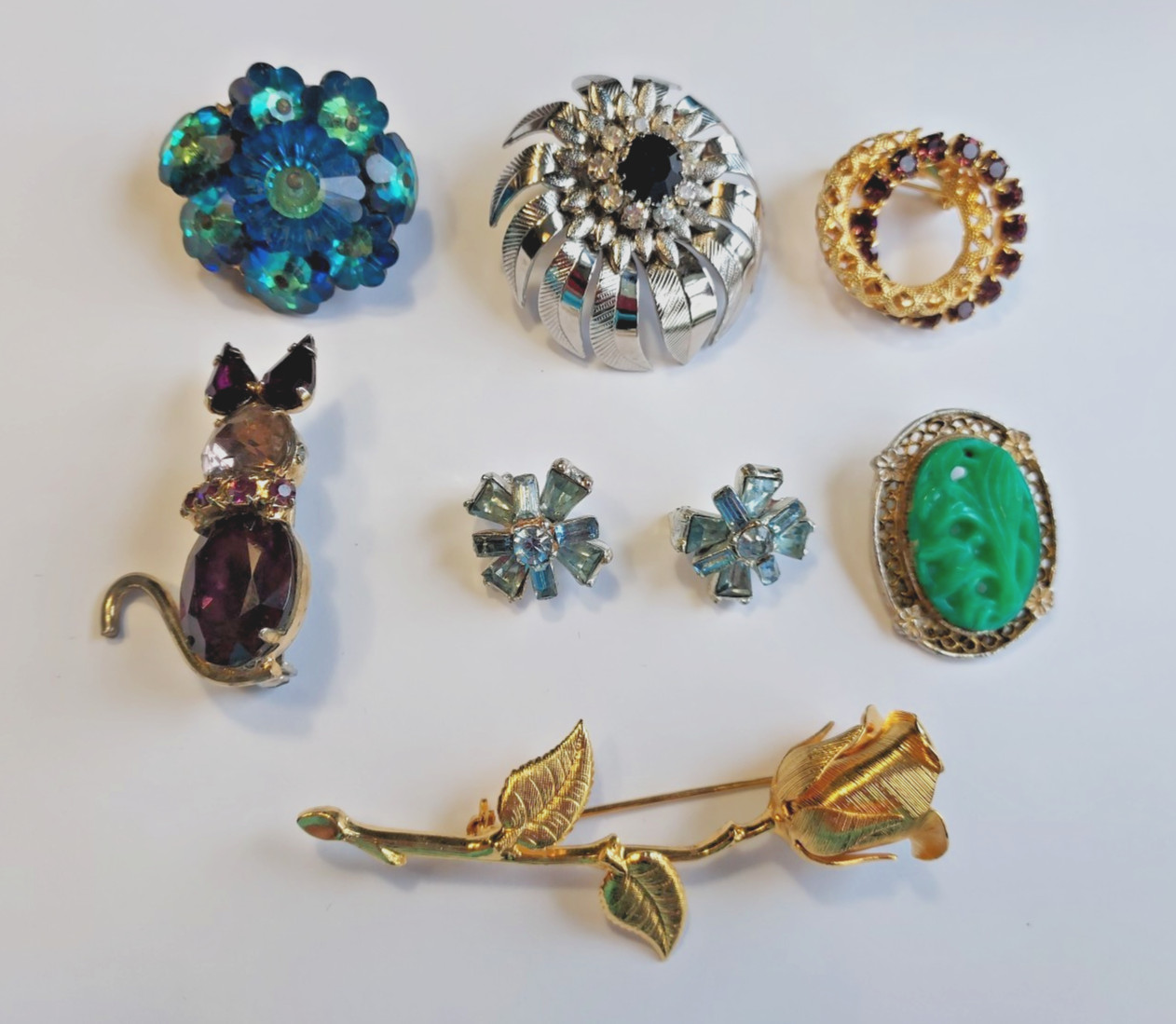 Vintage Pin Assortment Rhinestone Brooch 8 Piece Lot