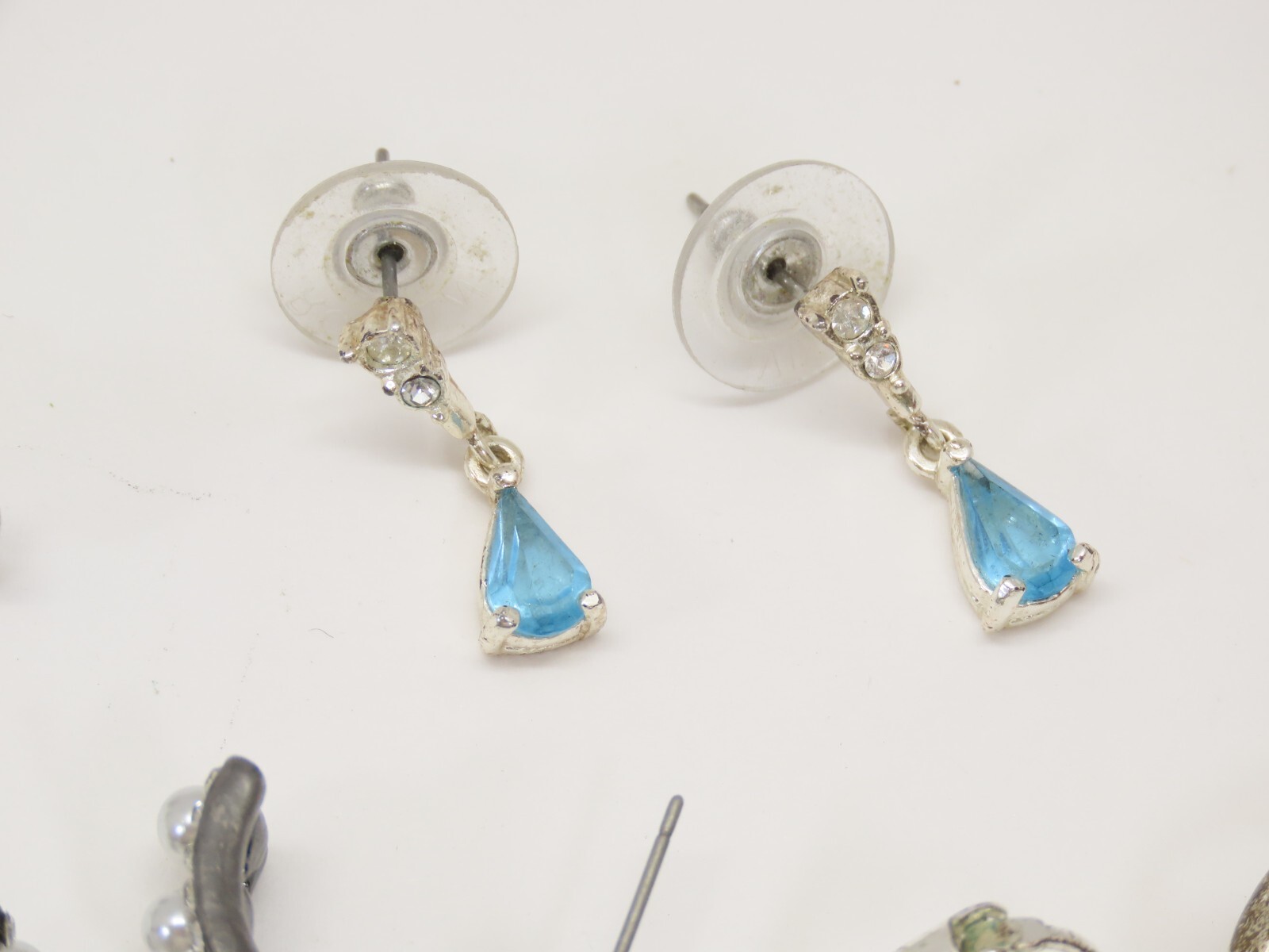 VTG Dangle Earrings Lot Pierced 1 Clip Silver Tone Blue Clear Rhinestones D2115