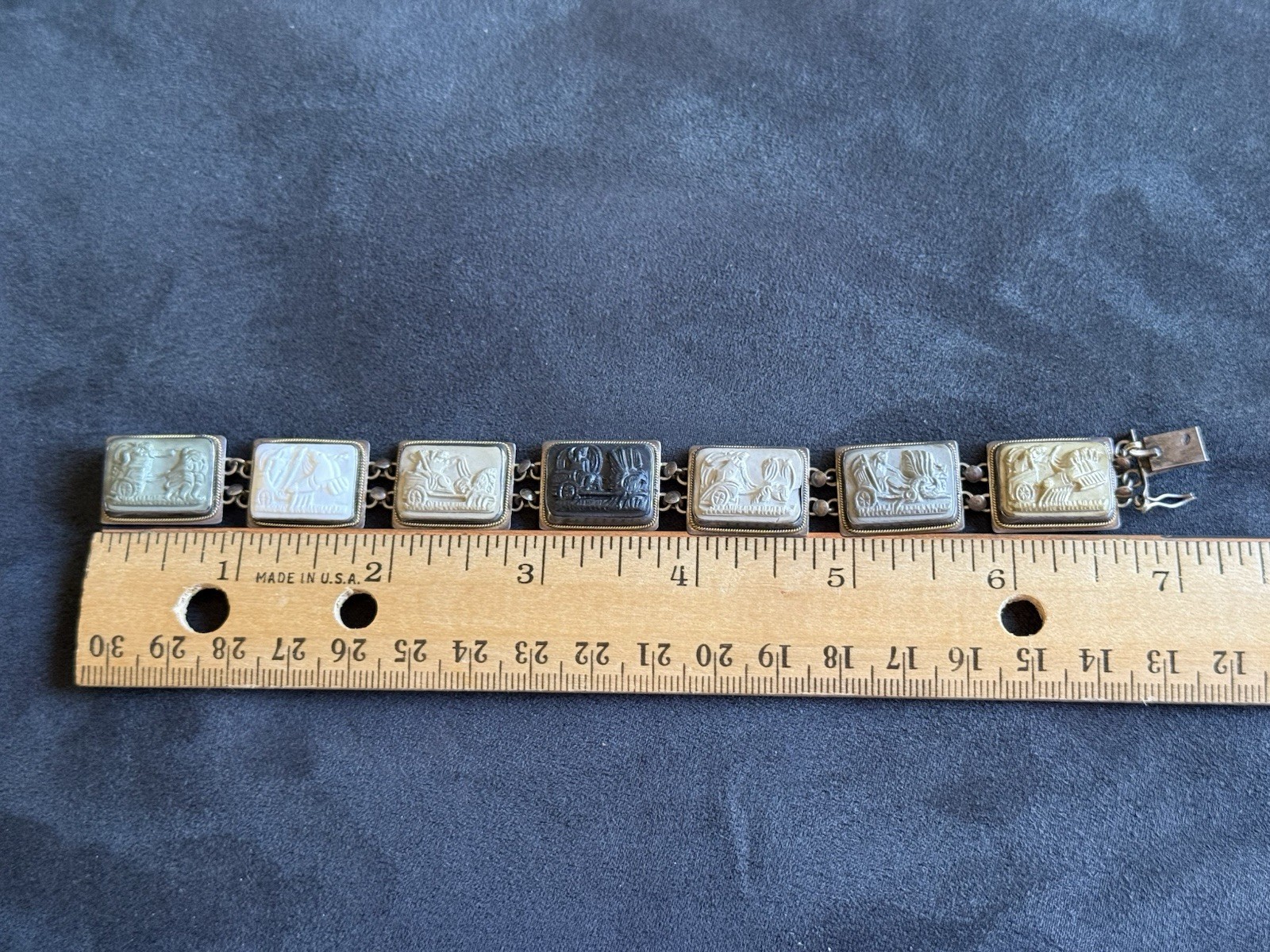 ANTIQUE 800 Silver 14KT GOLD CARVED Cameo SHELL DAYS OF THE WEEK BRACELET As Is