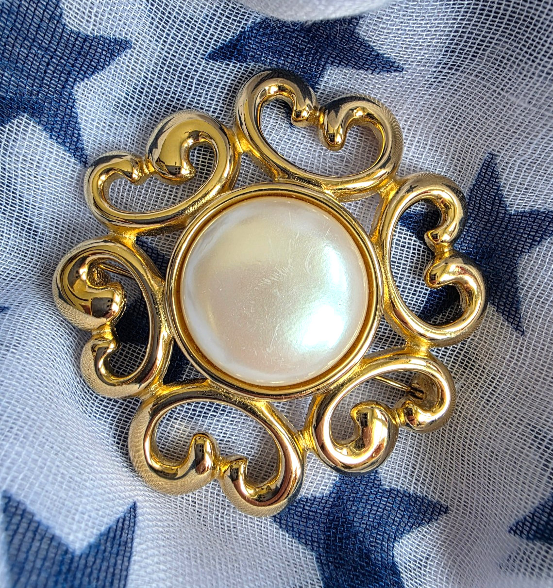 Vintage Signed Givenchy Brooch Pin Faux Pearl Open Work Gold Tone 2″