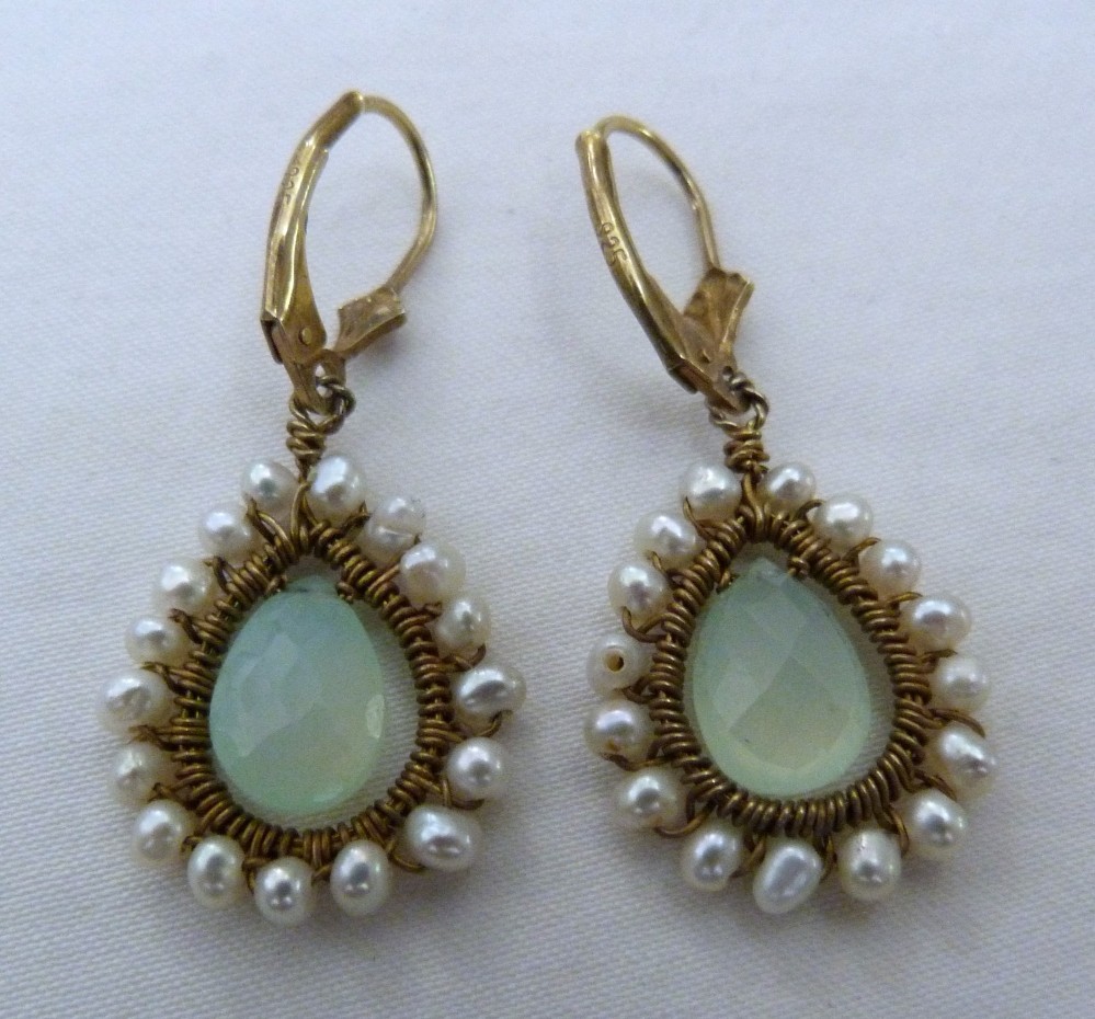 GOLD OVER STERLING SILVER BRIOLETTE AQUA CHALCEDONY FRESHWATER PEARL EARRINGS