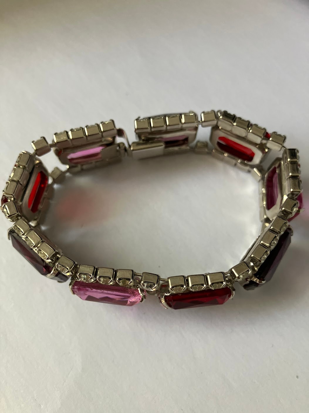 Vintage Rhinestone Panel Bracelet Square Cut Chunky Bling Purple Pink Red Clear