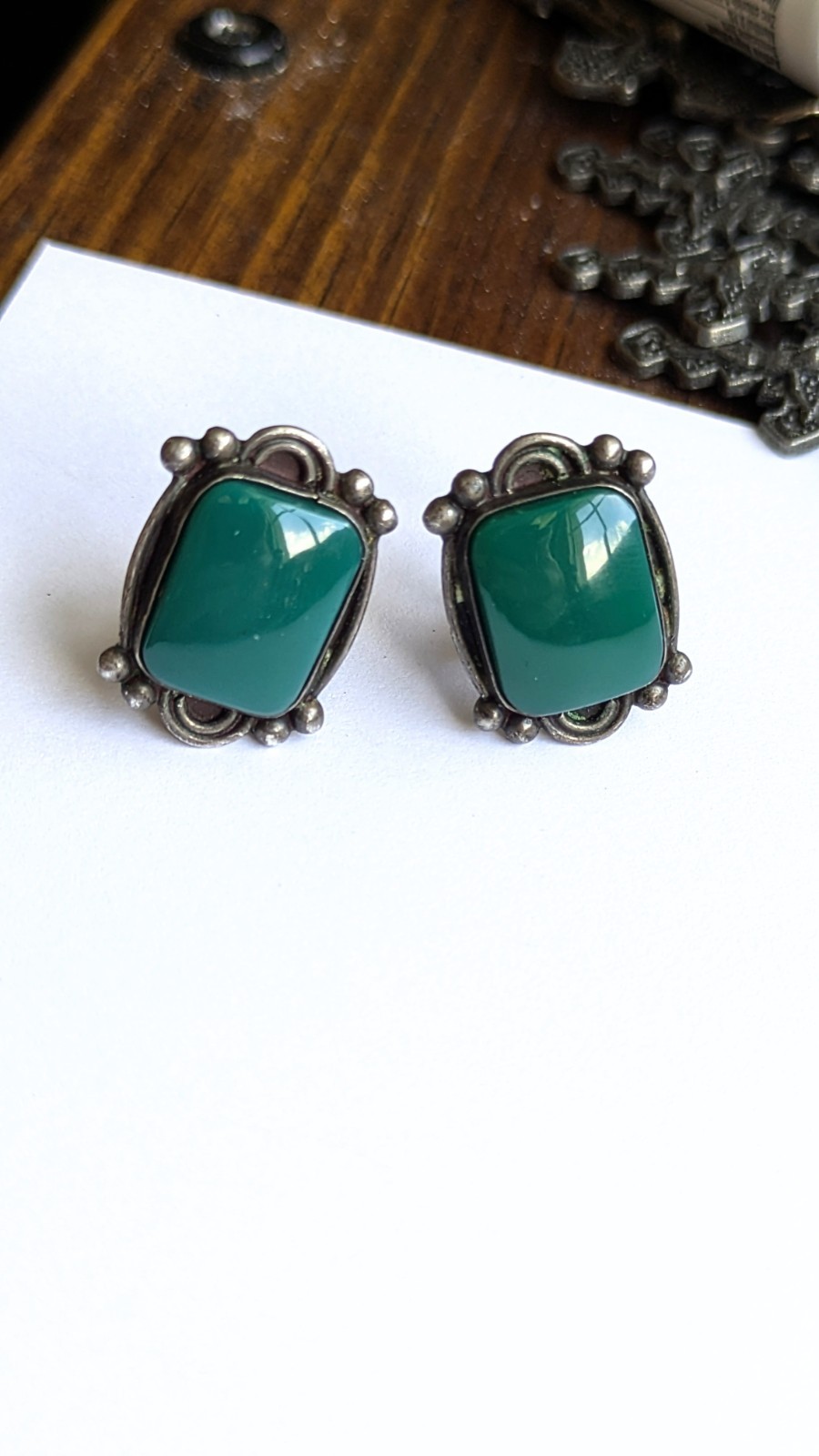 Morales Medrano 925 Sterling Silver Green Onyx Rectangular Cabochon Earrings