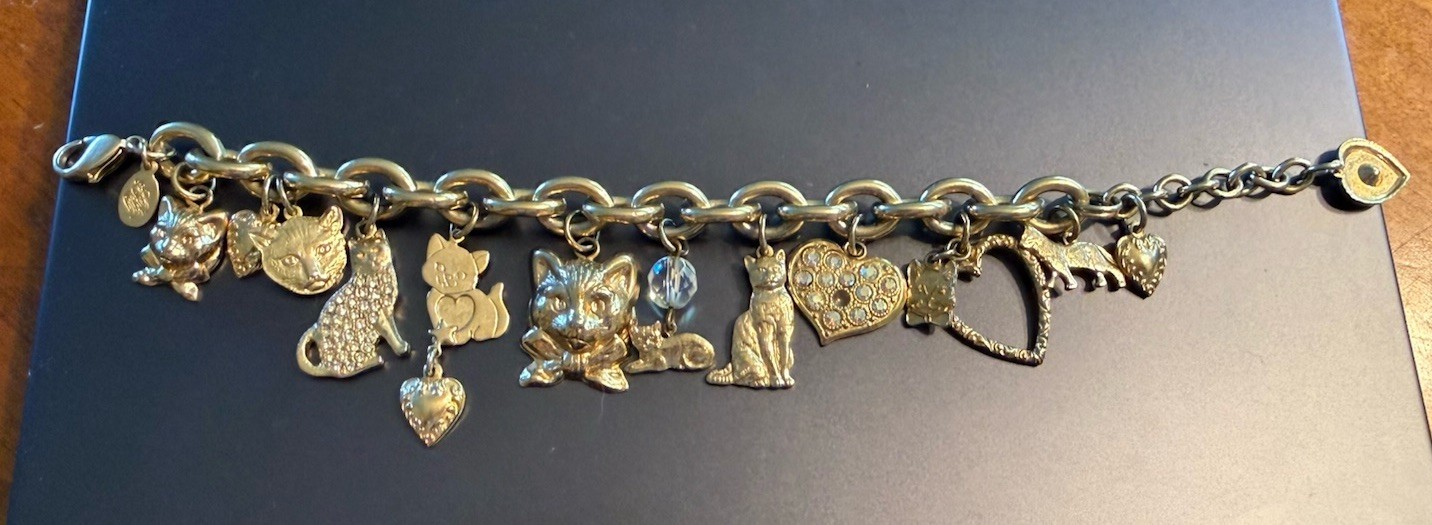 Vintage 1990s Kirks Folly Cat Charm Bracelet Gold Tone Rhinestones 12 Charms