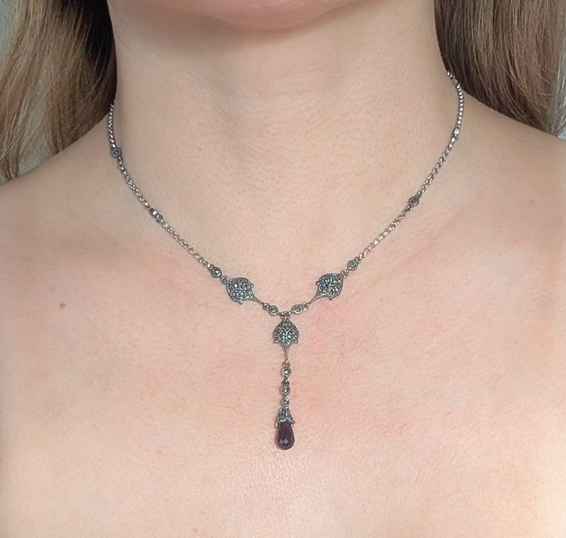 Vintage Unused W/Box Sterling Silver Garnet & Marcasite Station “Y” Necklace