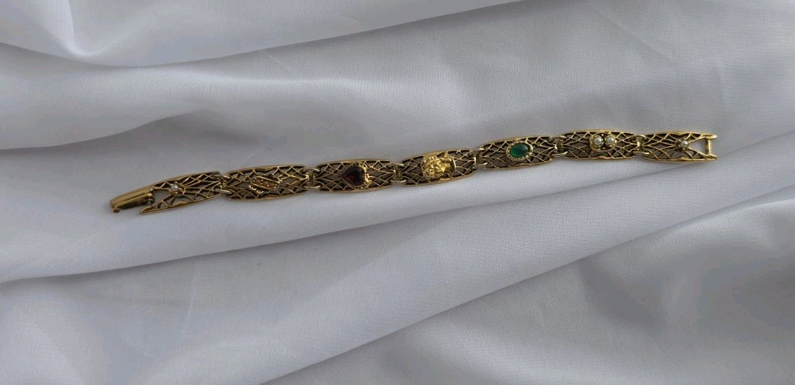 1960s Goldette NY Multi-Stone Gold Tone Bracelet 7.25″ Lattice Links