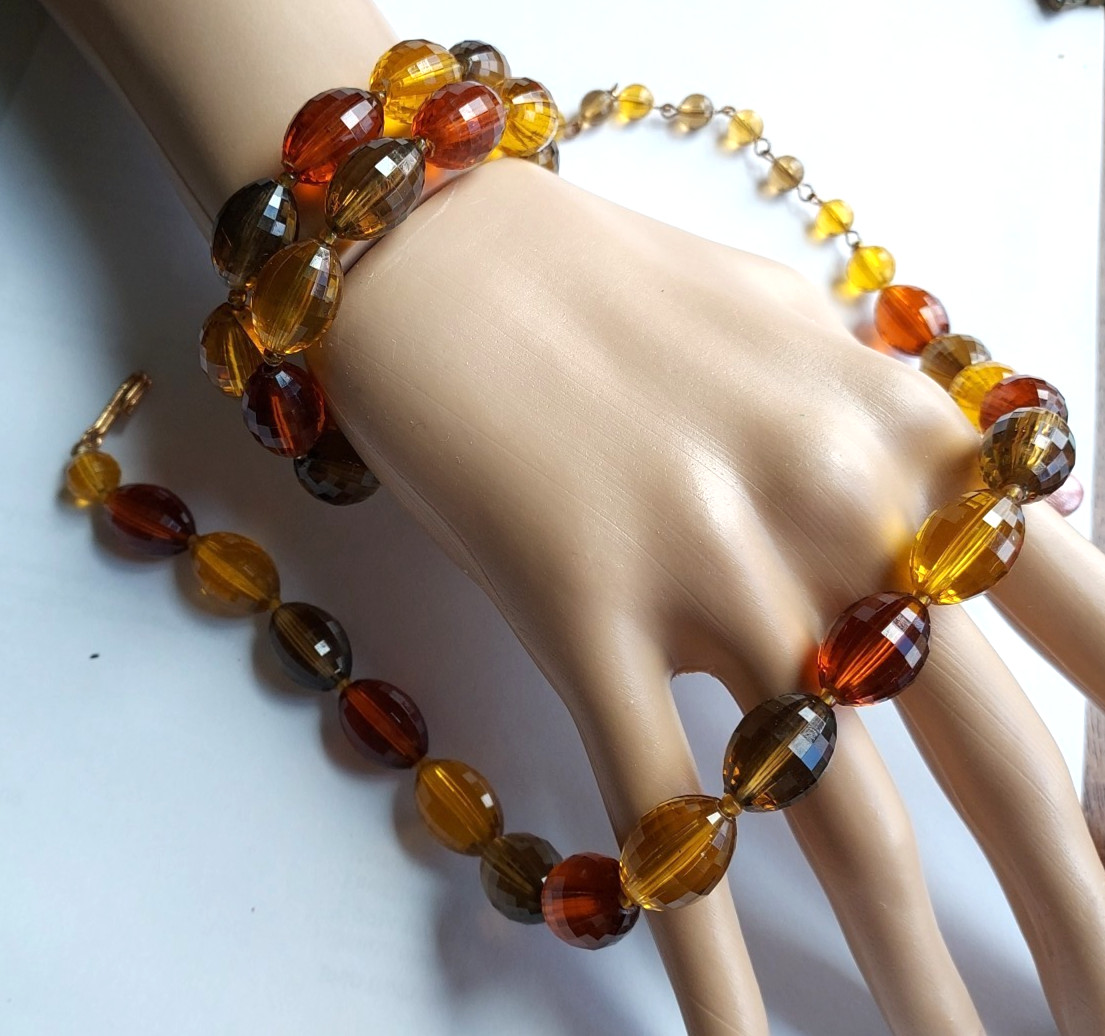 Lucite Amber Necklace and Bracelet Vintage Set Amber Earth Tone Beads