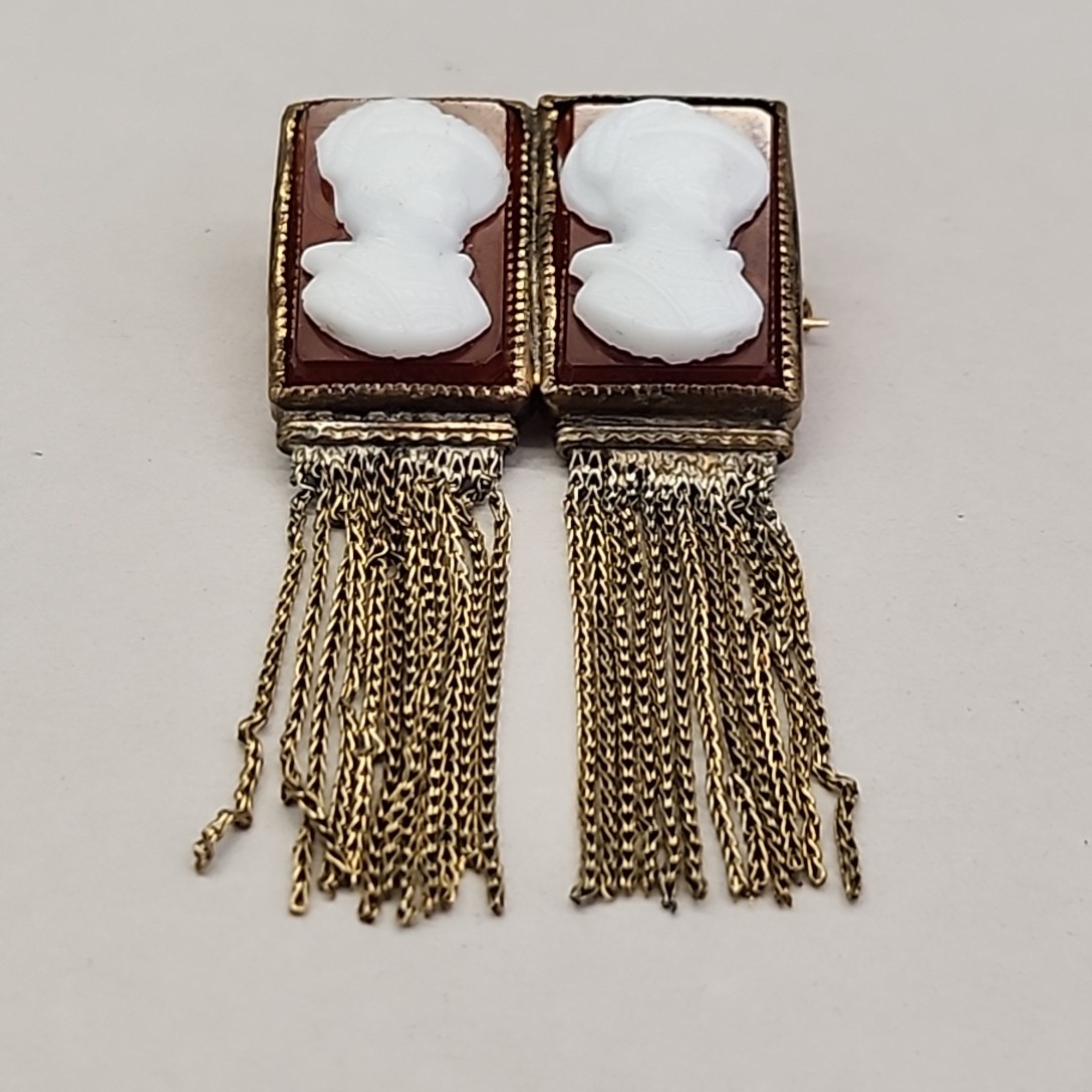 Antique Double Cameo Glass Brooch Red White Face Tassels Gold Filled Unique 2″