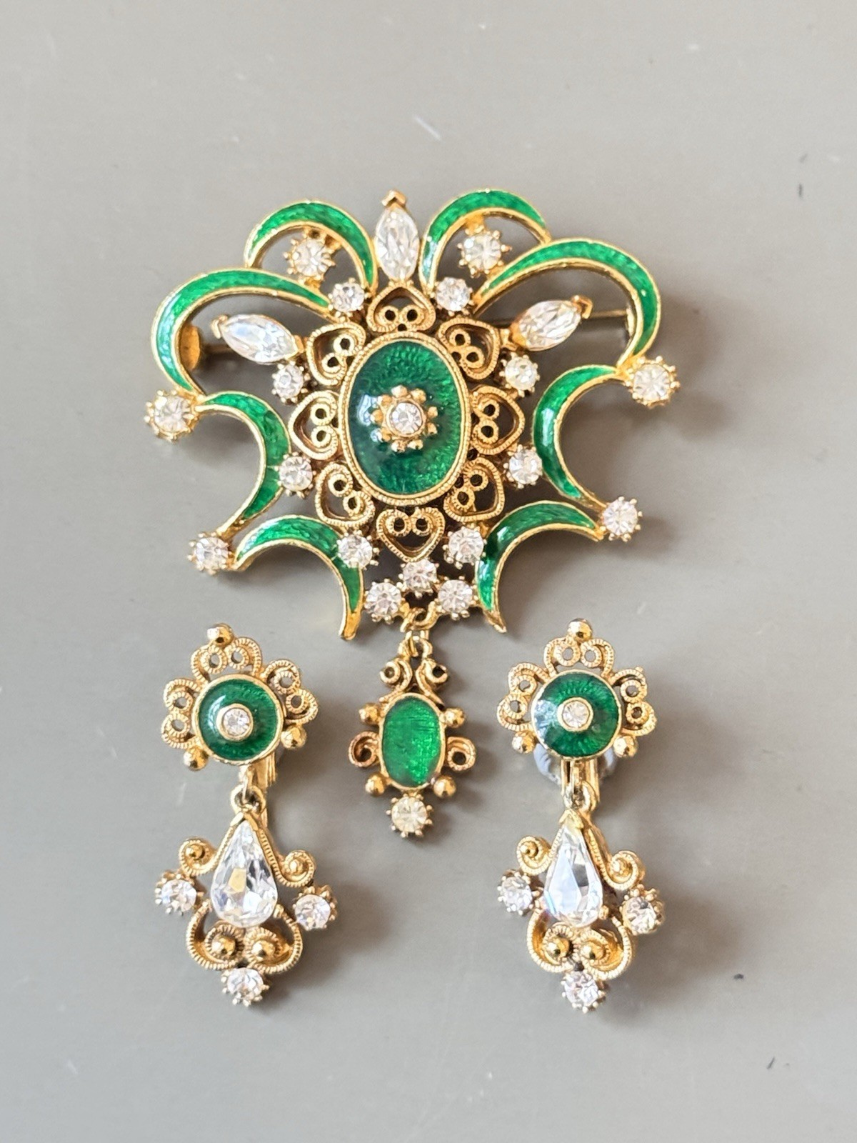 Vintage Signed Florenza Victorian Dangle Brooch & Earring Set, Green Enamel