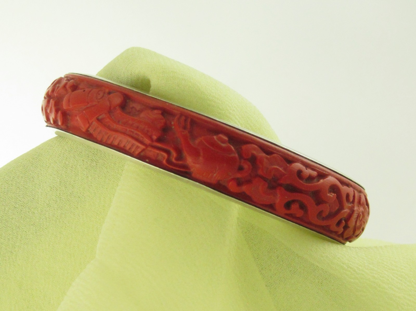 Carved Chinese Cinnabar Bangle Bracelet BJ 925 Silver; Tea Ceremonial Service