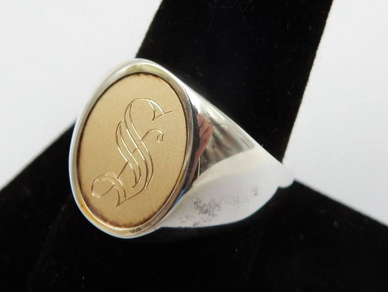 VINTAGE STERLING SILVER 14K GOLD SIGNET RING – “S” MONOGRAM, SIZE 9.5, 12 GRAMS