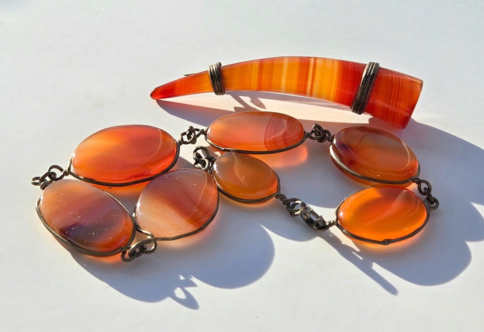 Antique Carnelian Agate Brooch Vintage Link Bracelet Lot 2 Beautiful Pieces
