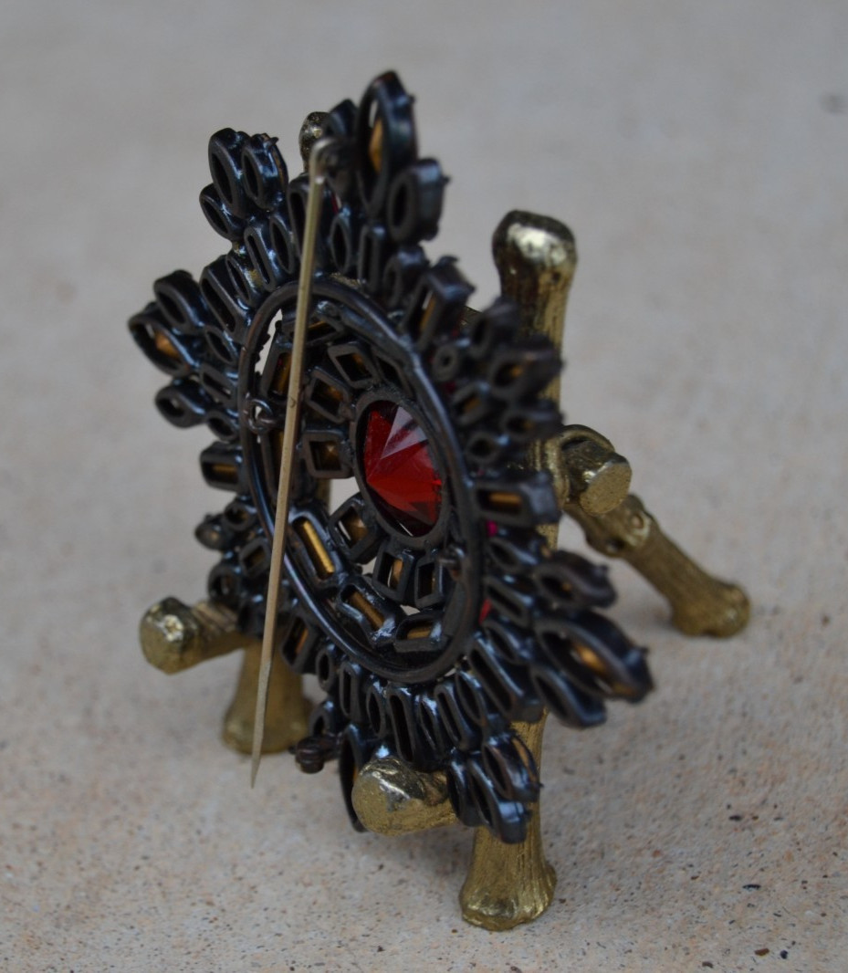 SCHREINER Maltese Cross Brooch RED/BLUE Rhinestones Unsigned Book Piece 3.5 in.