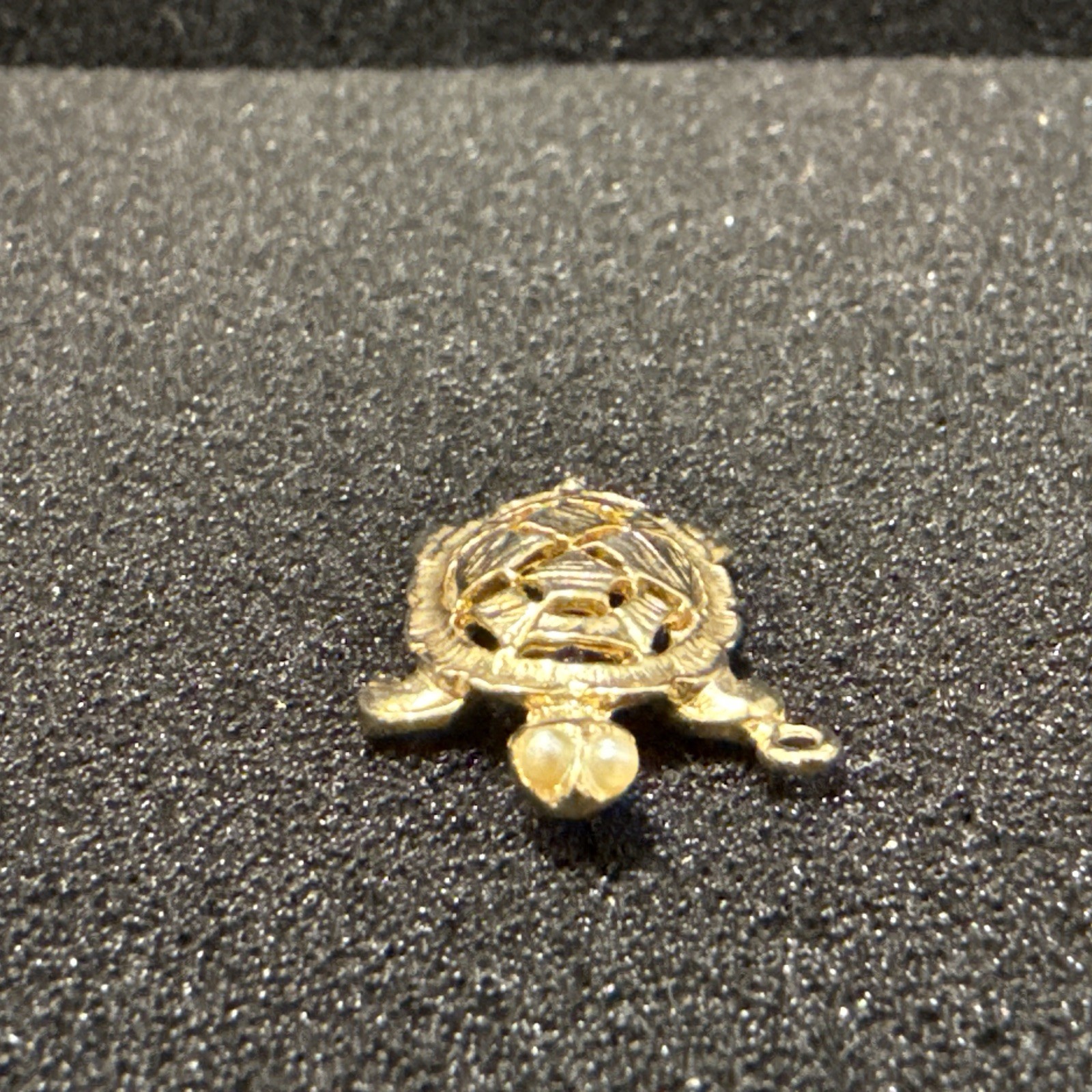 Vintage Detailed Gold Tone Turtle Pendant Pearl Eyes Lucky Tortoise Charm