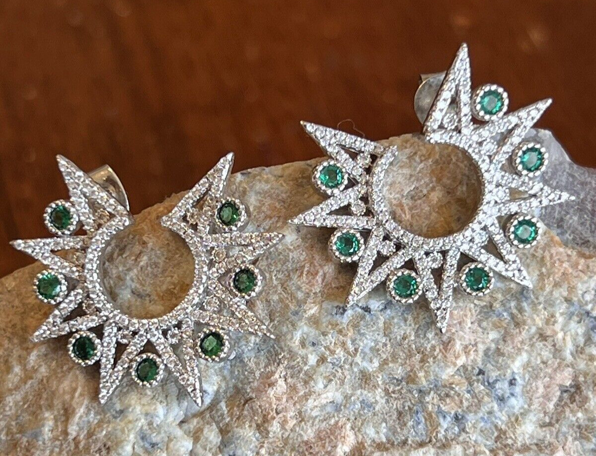 Vtg Sterling Star Point Statement Earrings, Emerald Green & Clear CZ Settings