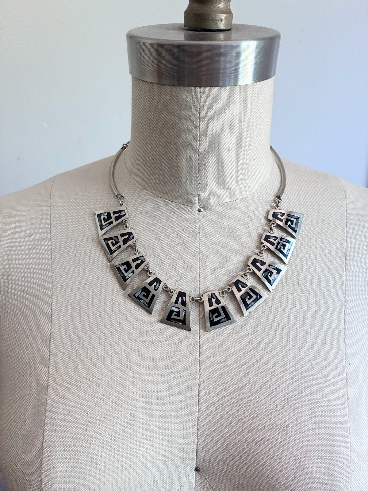 Vintage Alpaca Silver Necklace Choker Inlay Abalone Mexico Stamped 17″ Clasp