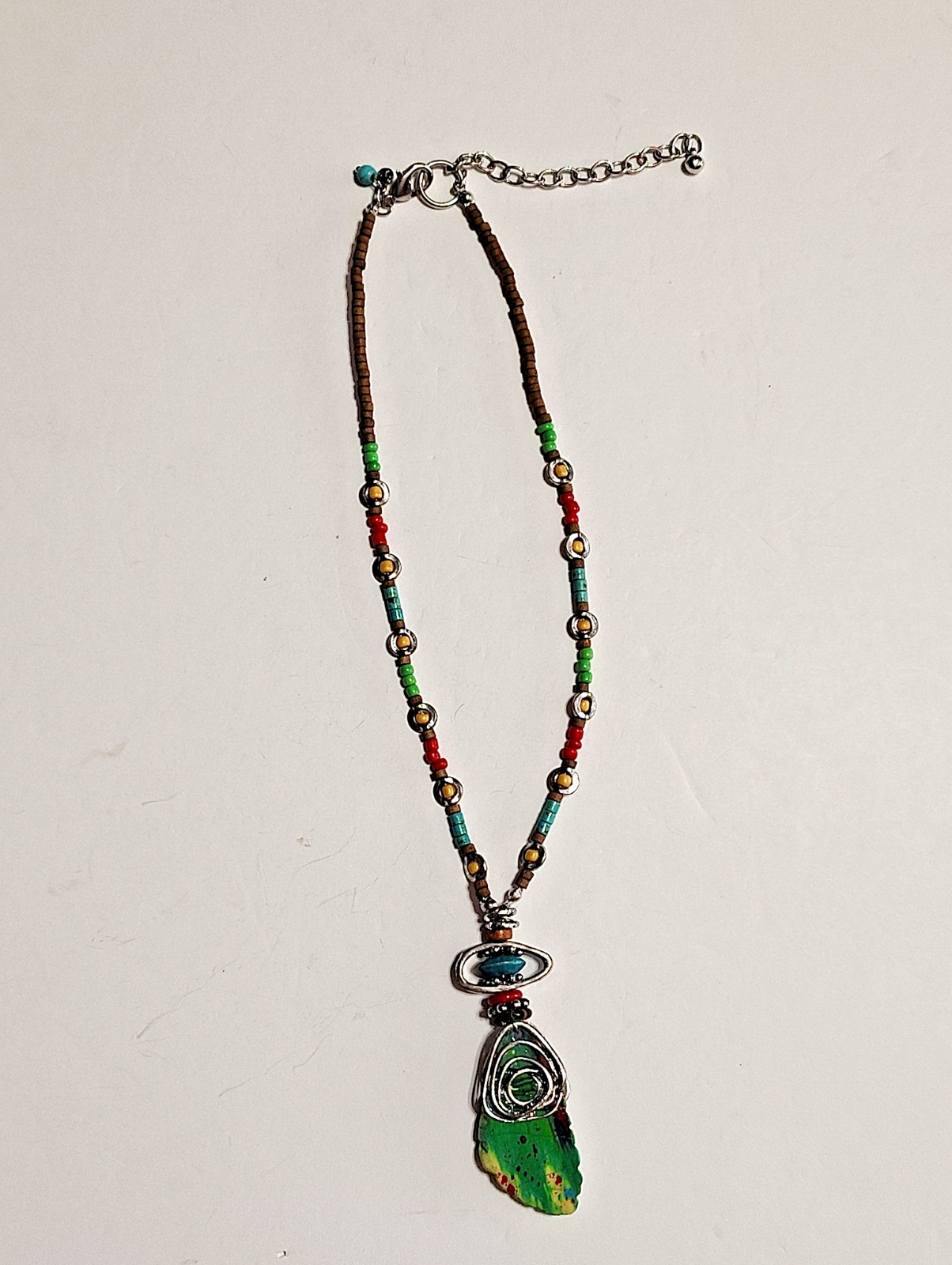 Treska Signed Boho Single Strand Multicolor Beaded Necklace w/ Resin Pendant