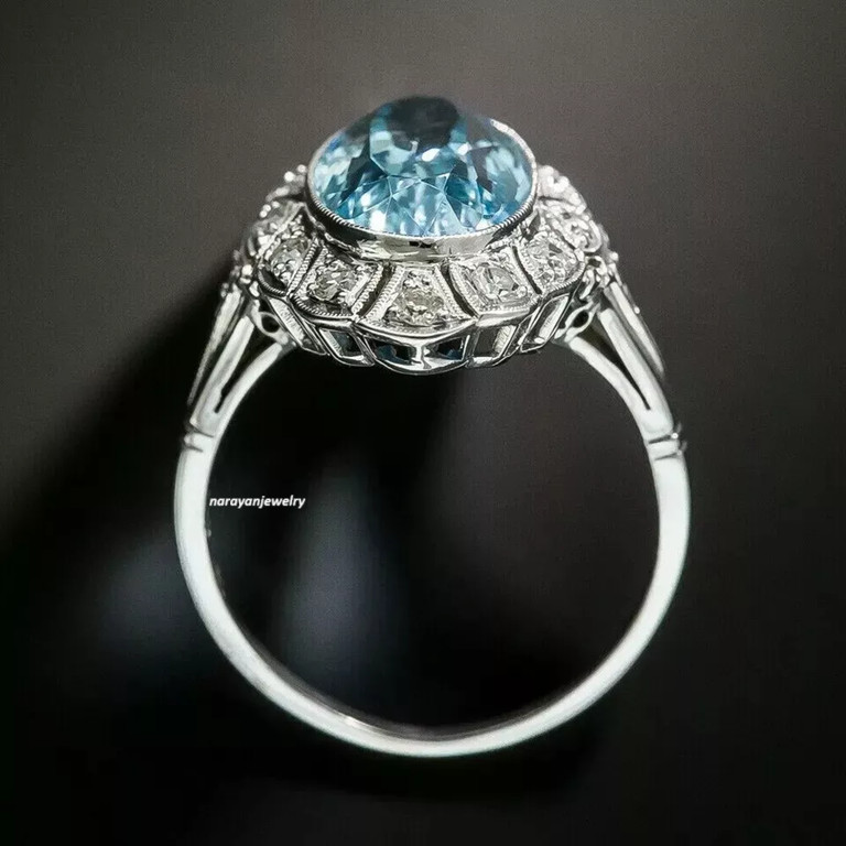 2.23 CT Elongated oval cut aquamarine milgrain style 925 sterling silver Ring