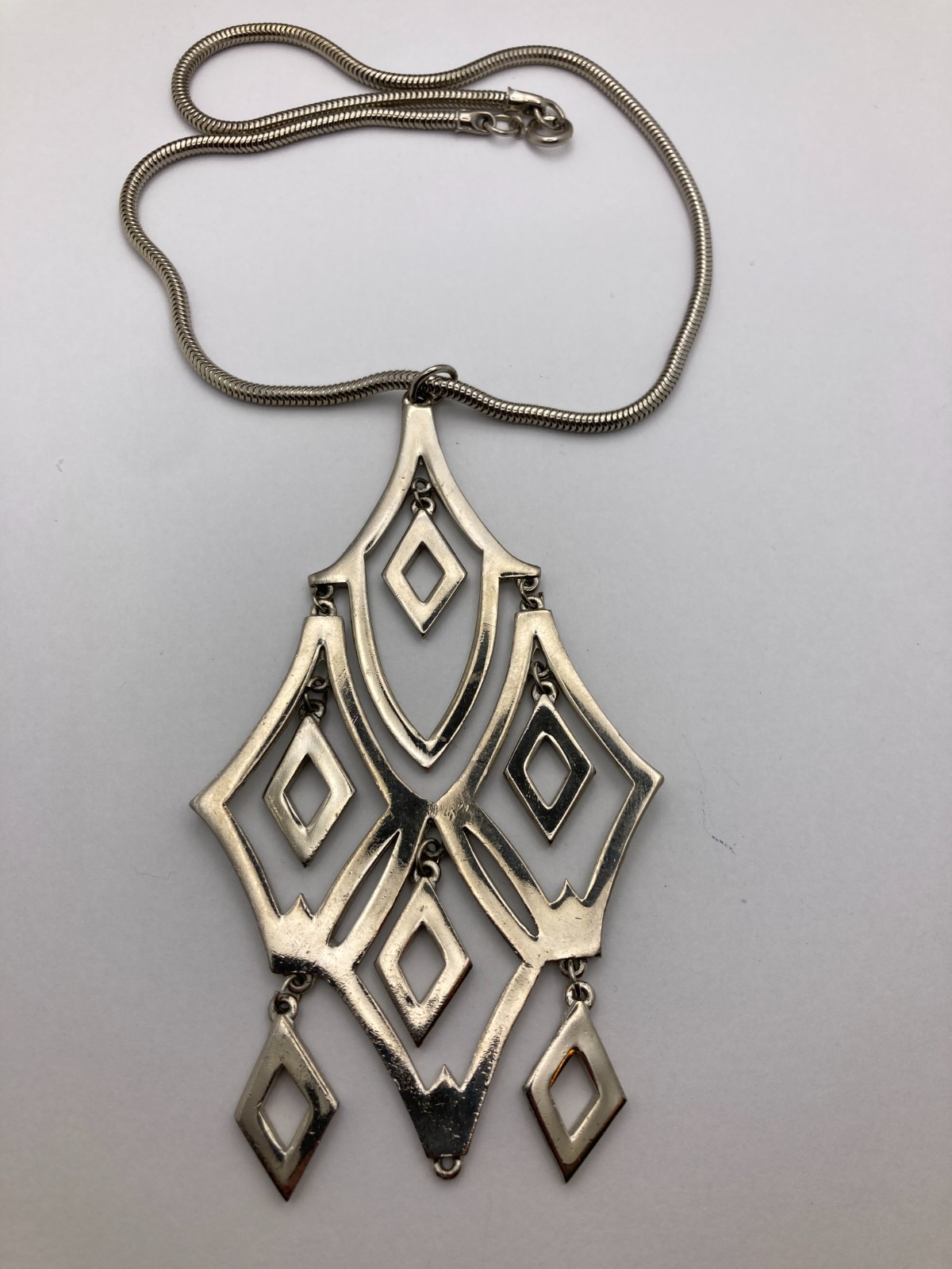 Vintage Modern Large Silvertone Pendant Necklace With Abstract Design