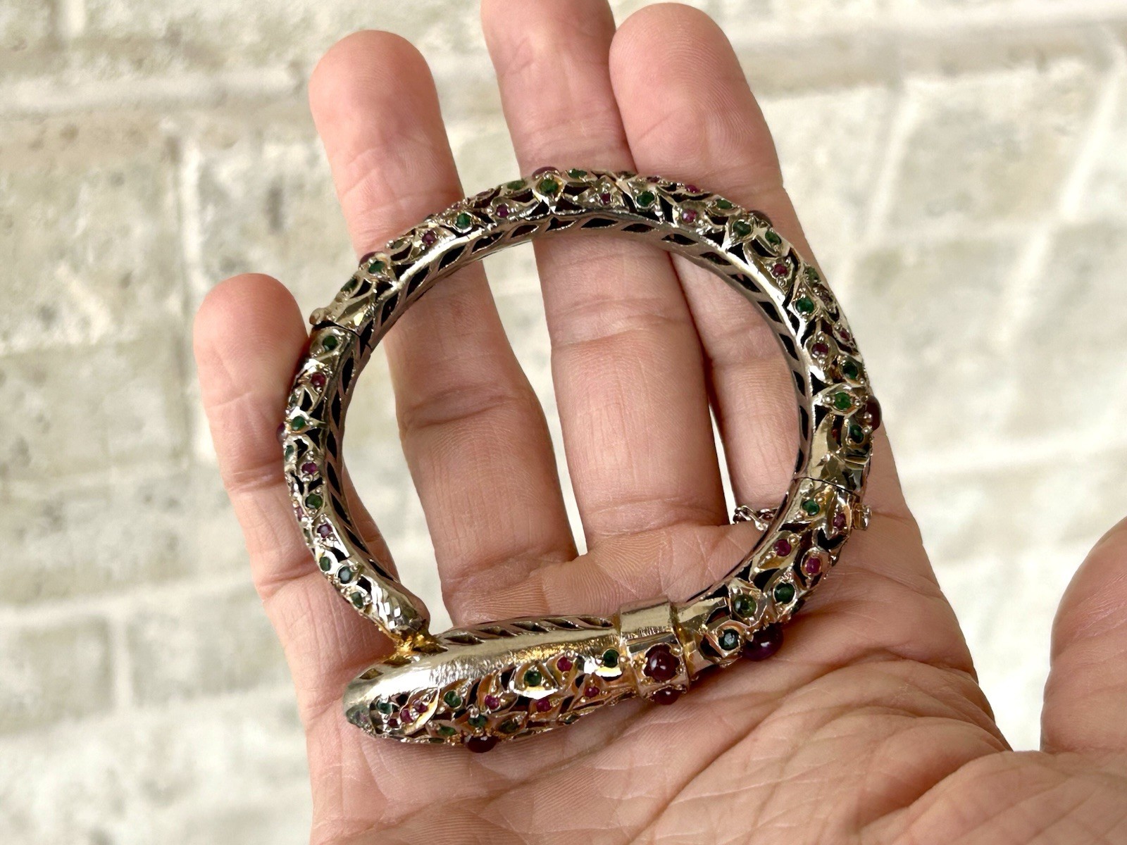 Antique Mughal Ruby Emerald Sterling Snake Bracelet Jewels Of India
