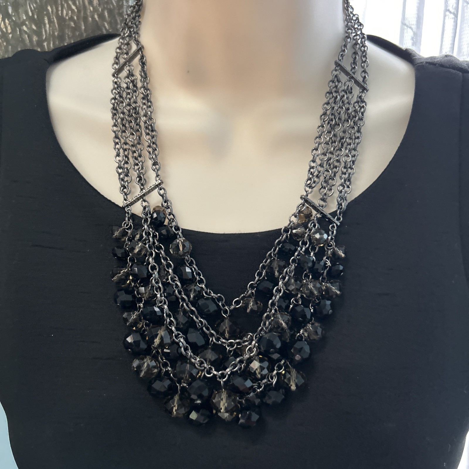 Designer NECKLACE Silver Toned 4 Strands Black/Clear Smokey Shiny Glass Beads