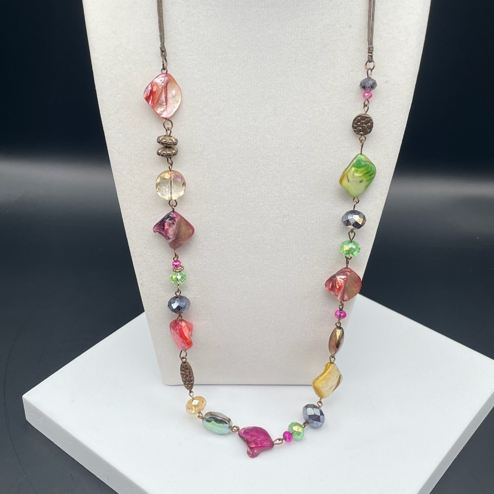 Vintage Bohemian Charm Single Chain Necklace Lobster Clasp Shell Crystal Bead