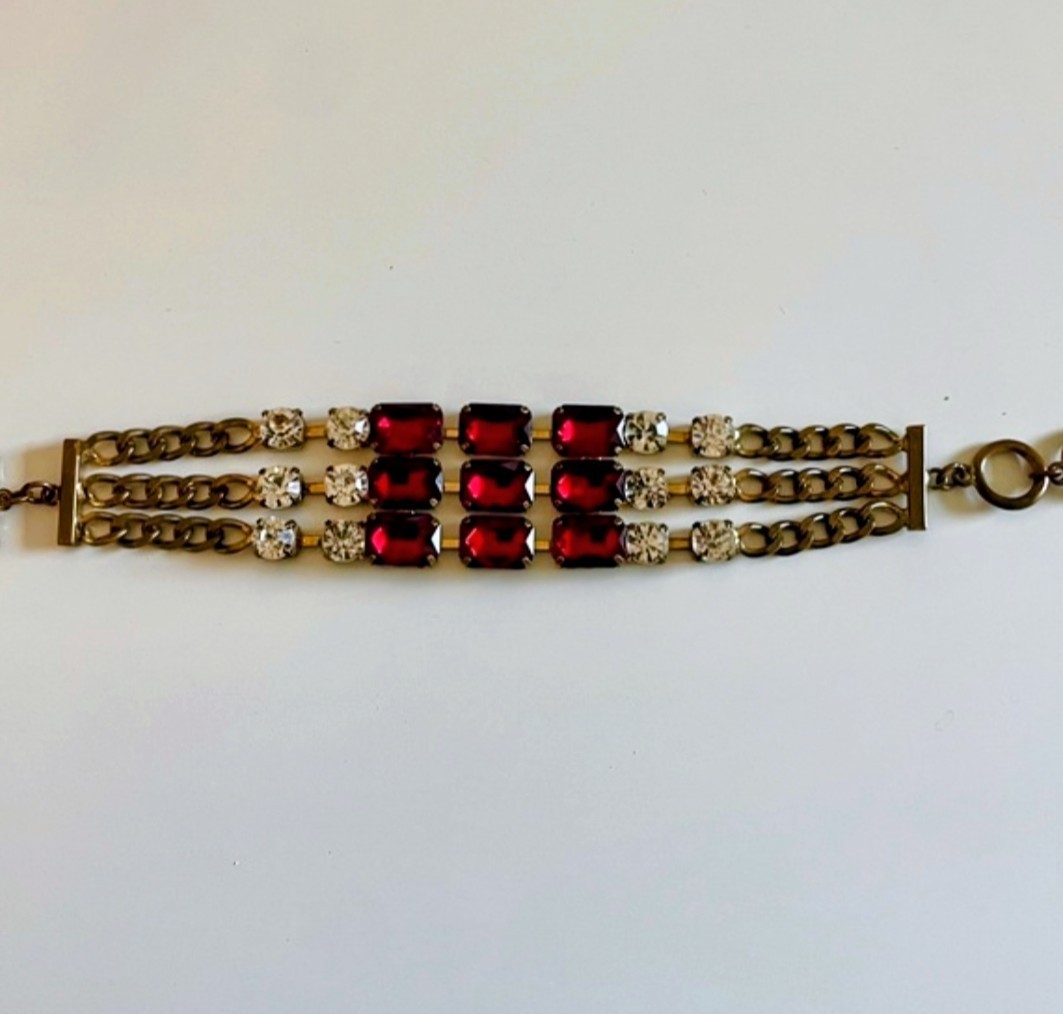 Vintage Bracelet Chain Link Gold Tone With Red & Clear Stones