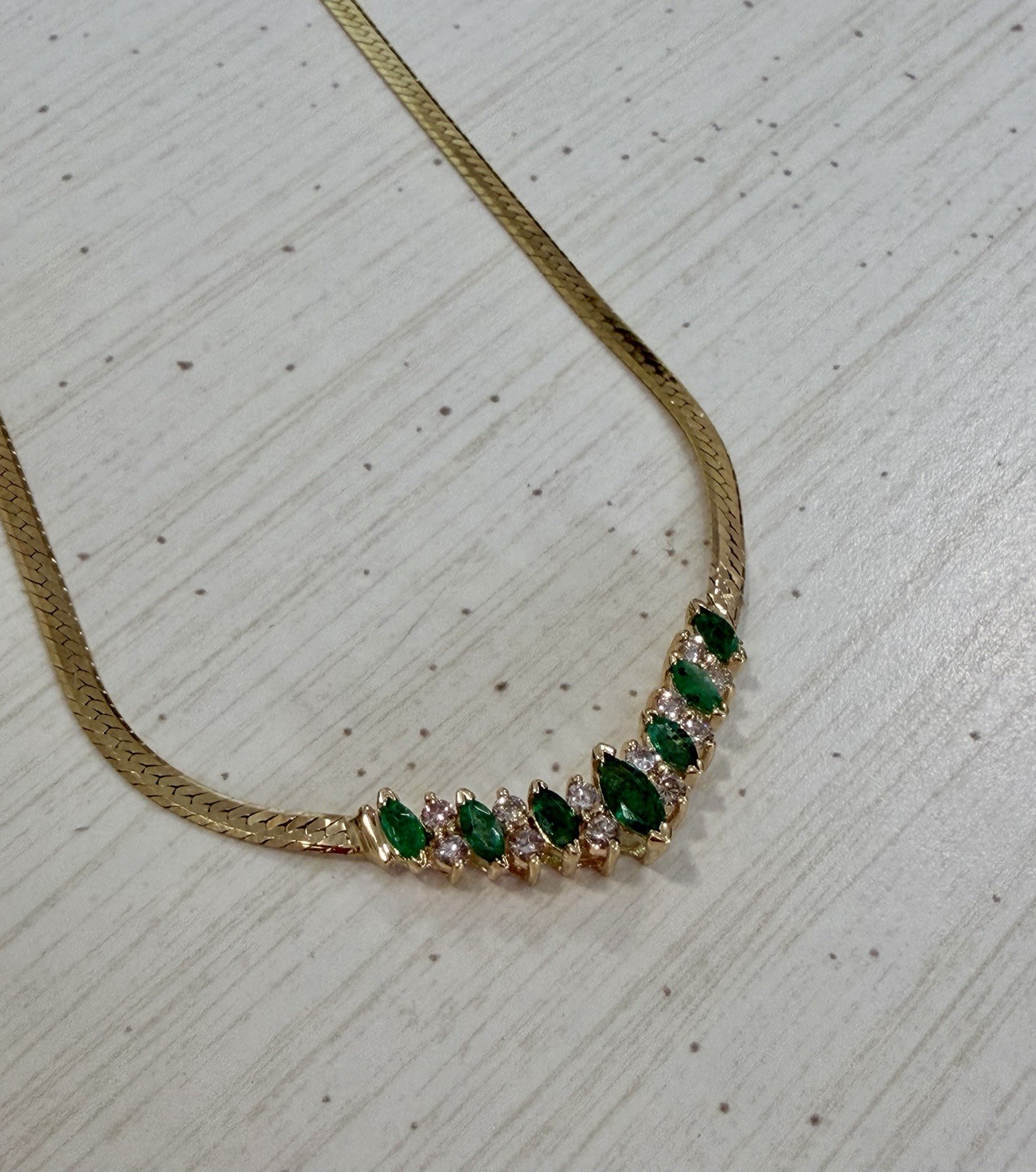 Vintage 14kt Y/Gold Marquise Emerald & Diamond Chevron Necklace 16″, 6.9 grams