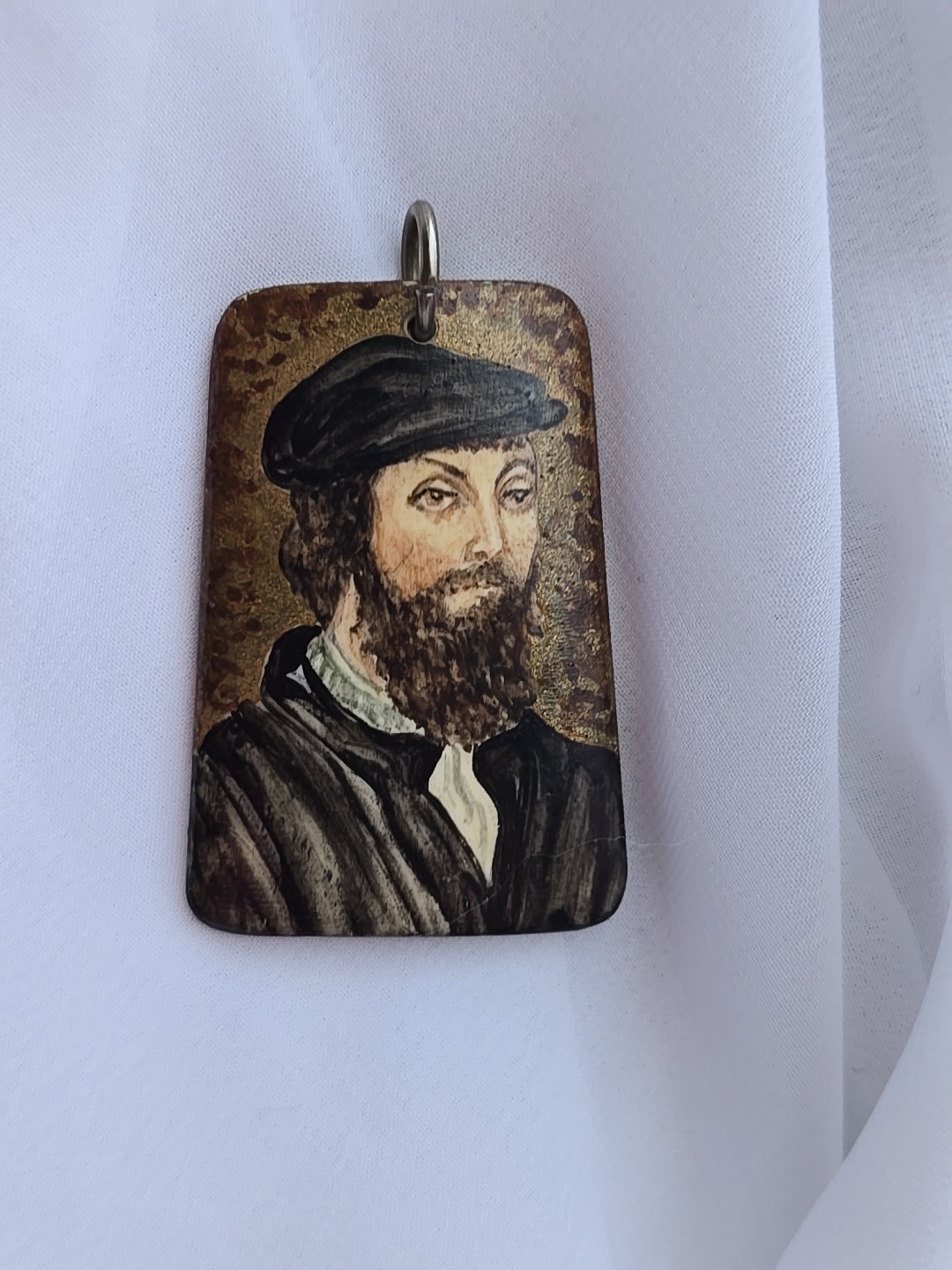 Vintage Polish Maja Witowiak Miniature Portrait Pendant Hand Painted Man Holbein