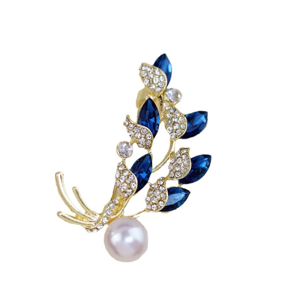 Women Vintage Blue Crystal Brooch Fashion Plant Flower Brooches Rhinestone Pins