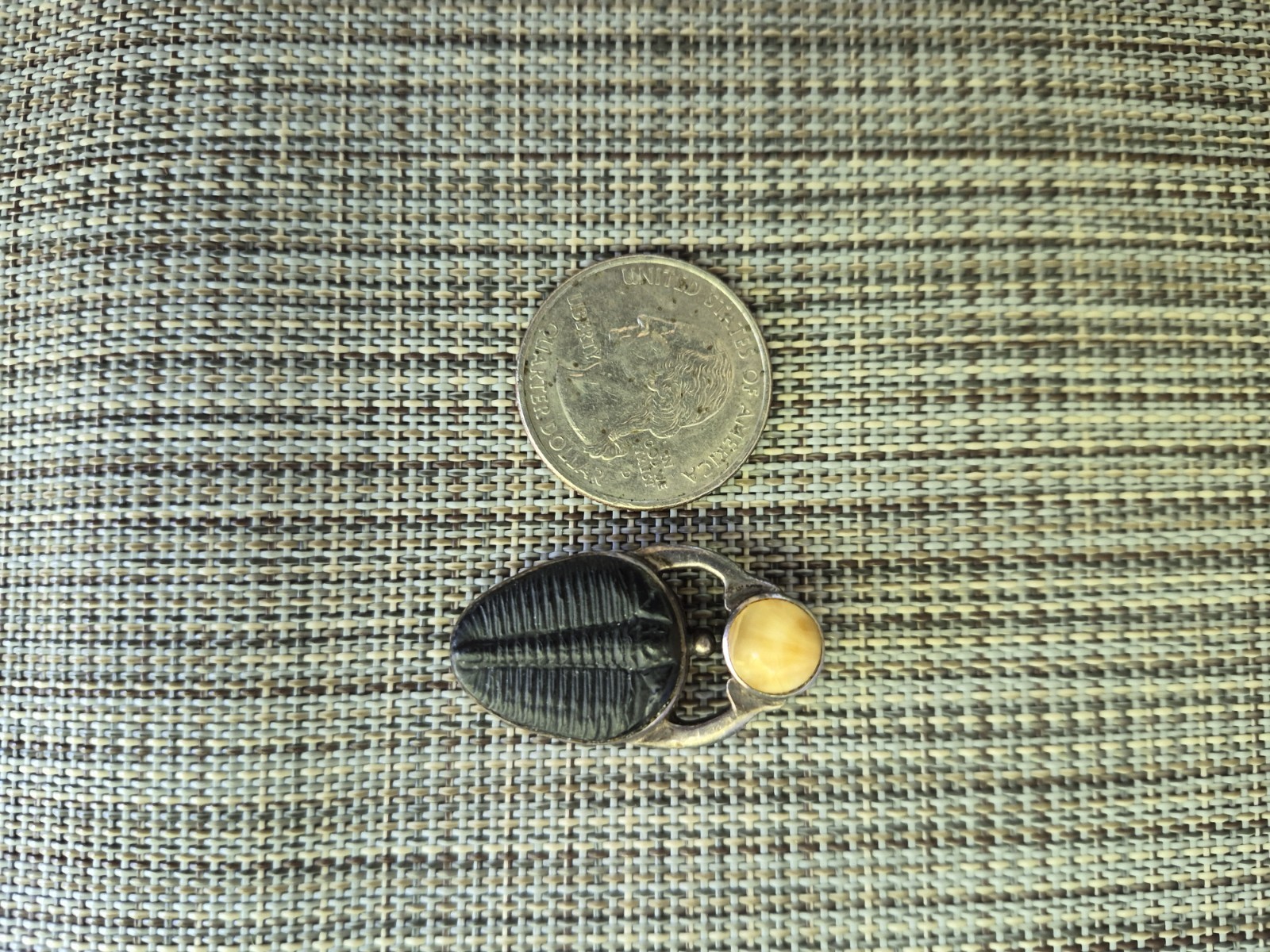 Vintage Trilobite/Amber Pendant Set In Sterling Silver.