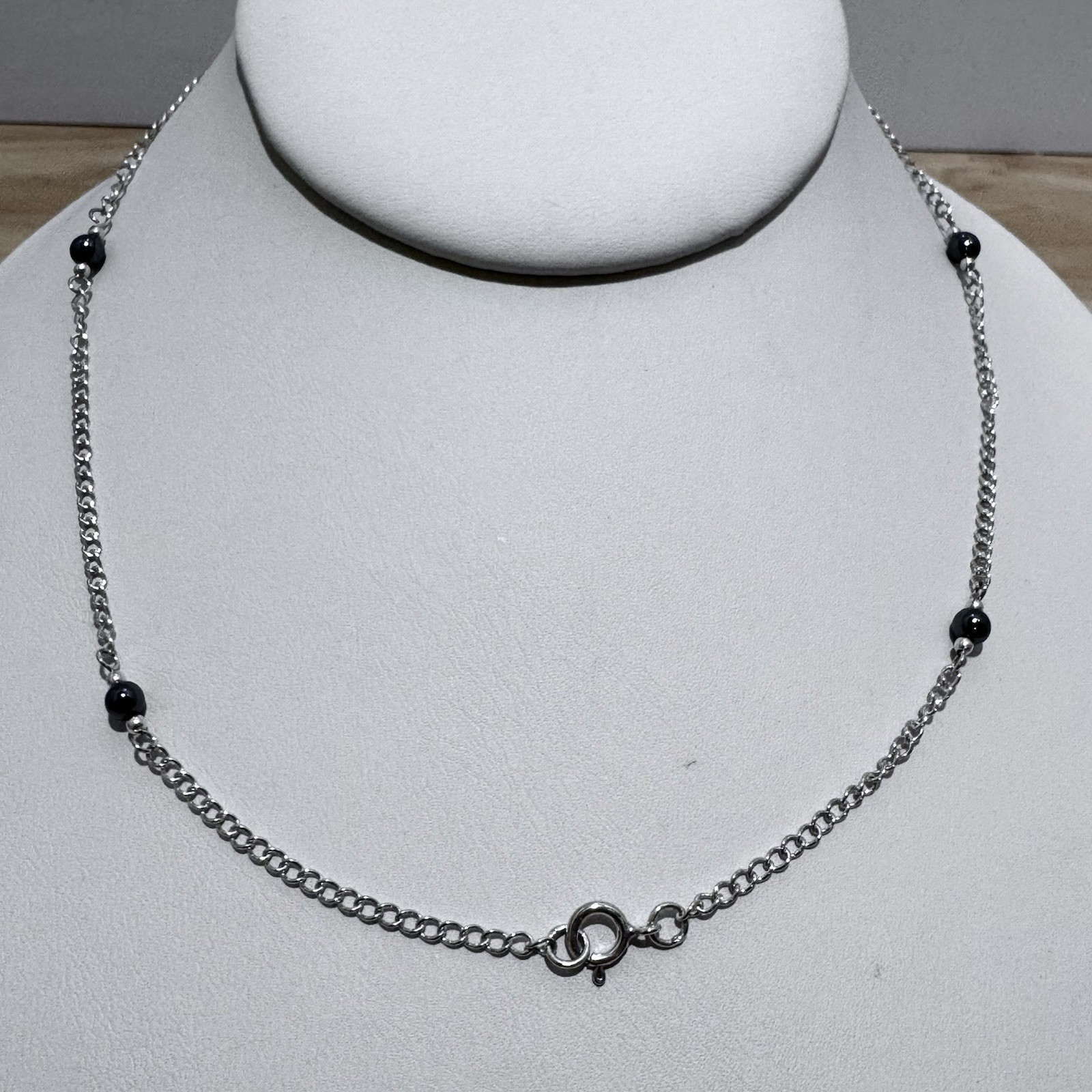 VINTAGE Sterling Silver & Hematite Bead Necklace 16” 925 Station Necklace 1990s