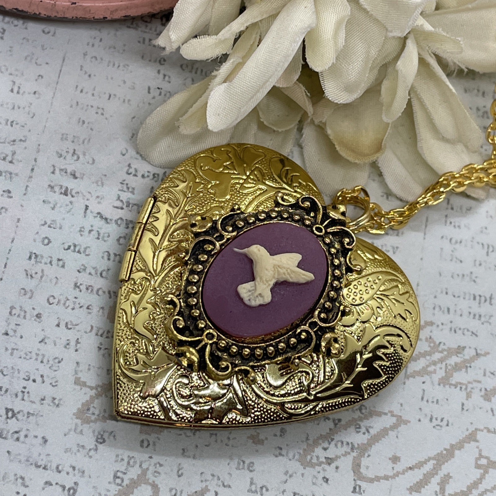 Gold Heart Locket Photo Birthday Anniversary Wedding Hummingbird Purple Necklace