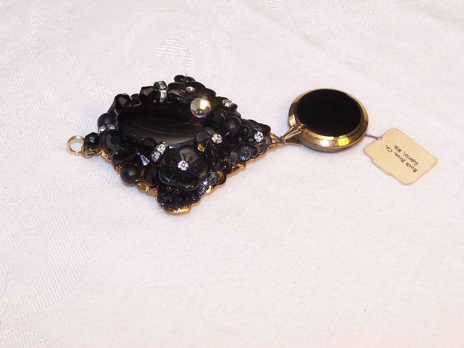 Unsigned Miriam Haskell Pendant/Vtg Black Molded Glass Floral Beads/NOS w Tag