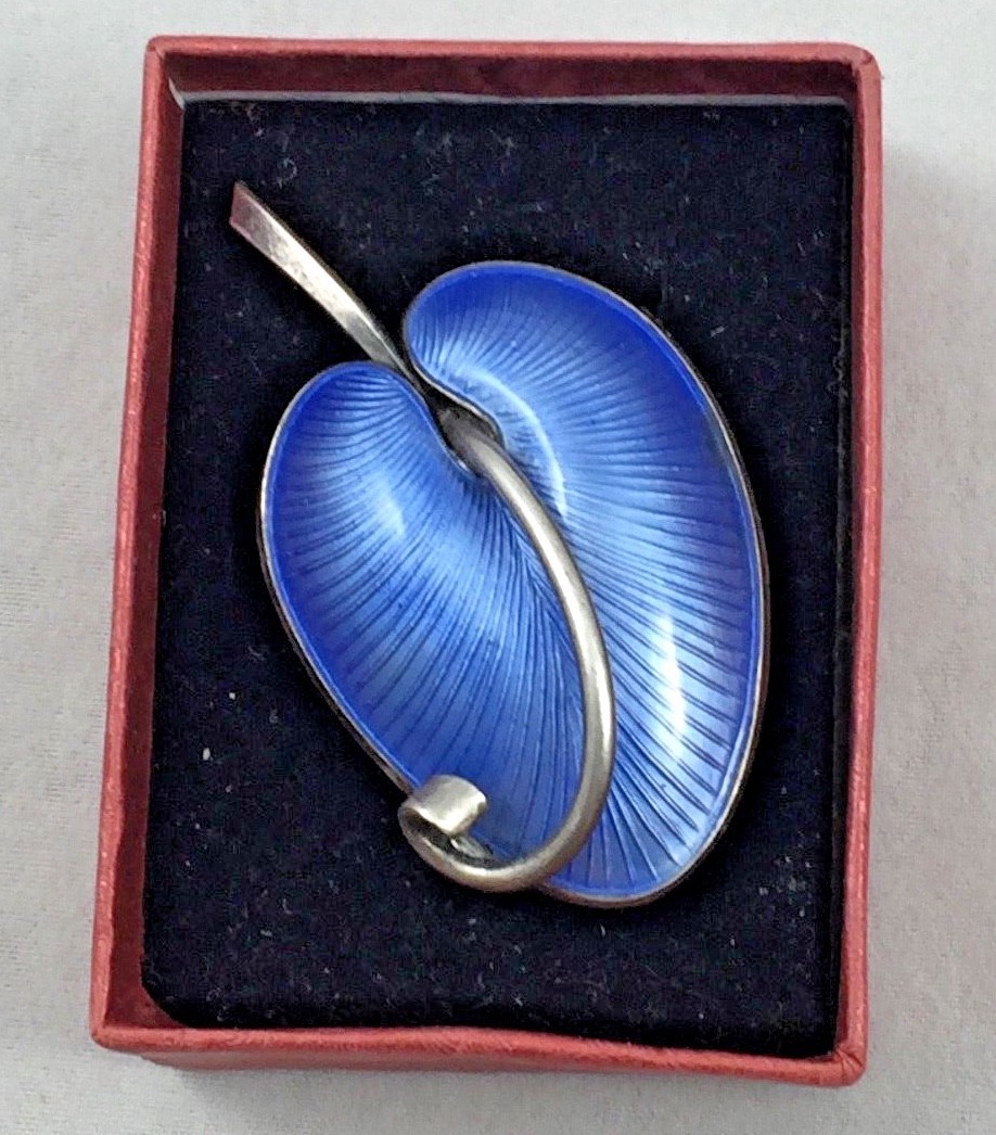 Volmer Bahner Denmark Sterling & Blue Enamel Large Leaf Pin