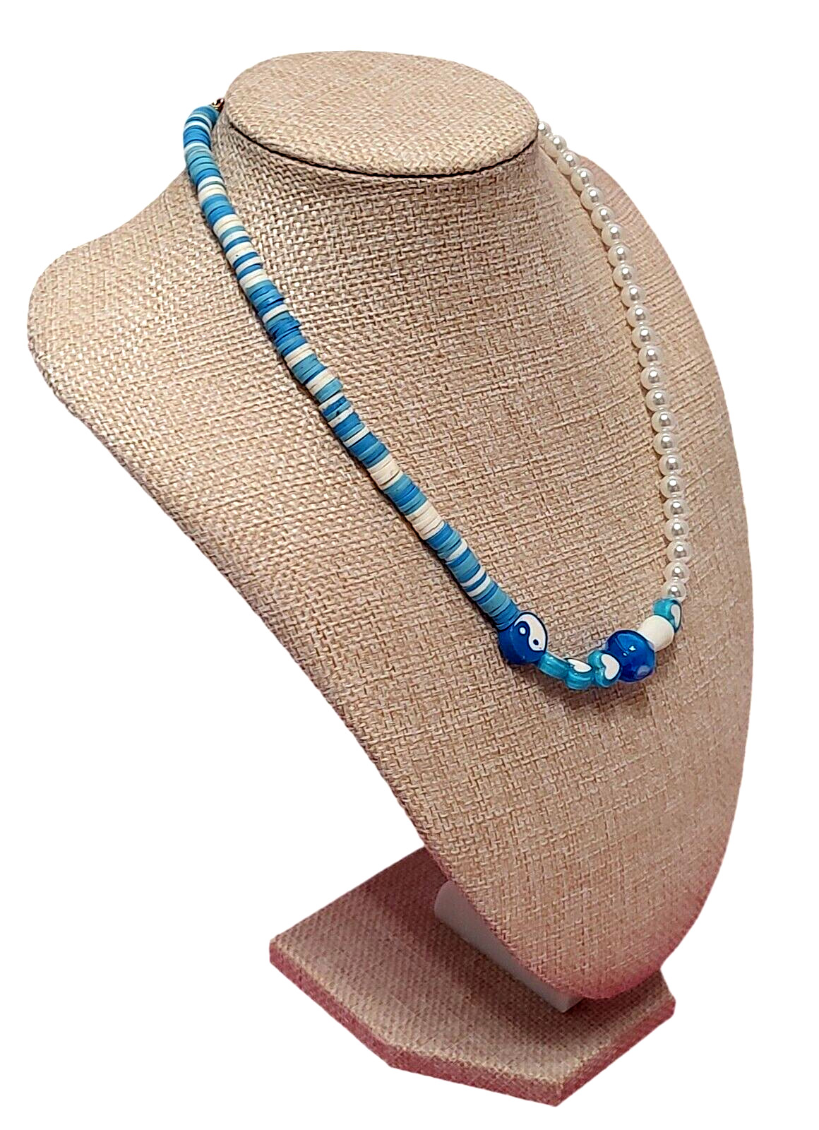 Yin Yang Blue White Beaded Simple Mushroom Everyday Statement Necklace 20″