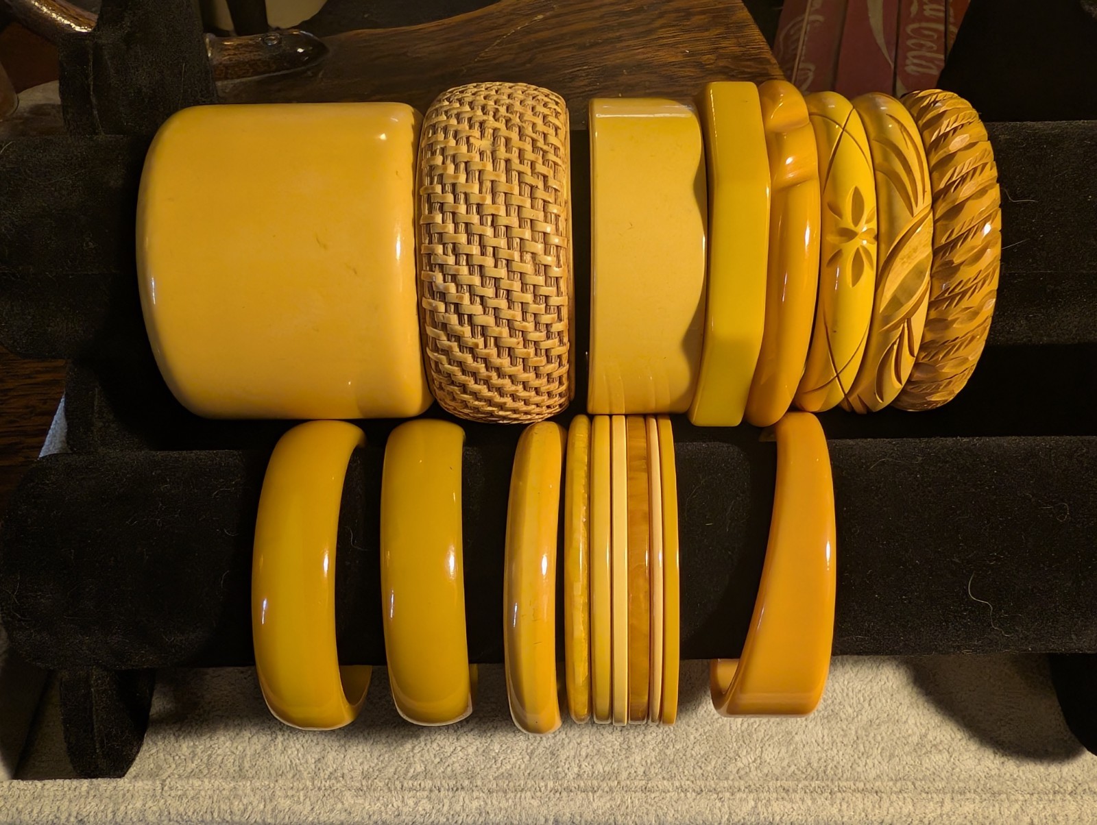 18 Vintage Bakelite Butterscotch – Yellows – Carved – Shaped – Many Tones!
