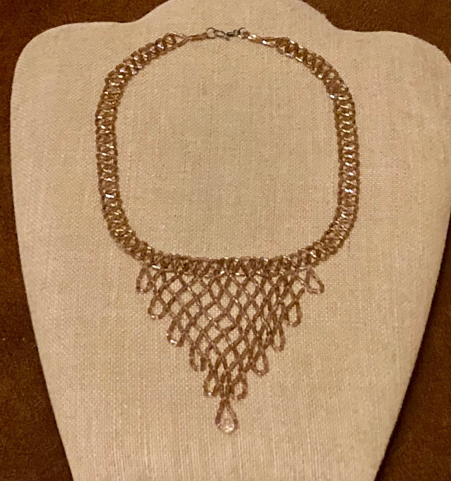 Vintage Glass Beaded Bib Necklace Bronze Color AB Intricate