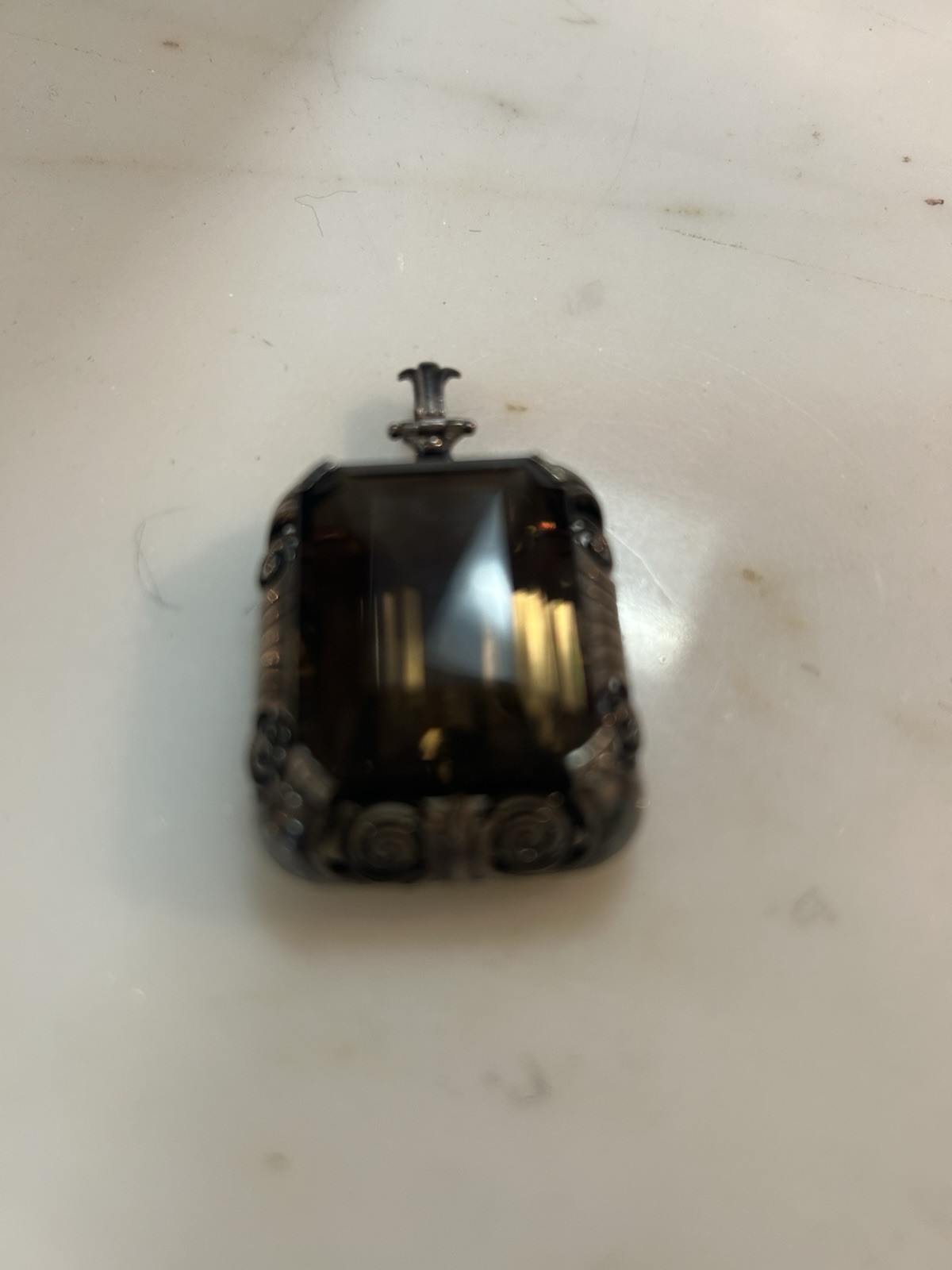 Smoky Quartz Emerald Cut Solid 835 European Sterling Silver Vintage Pendant