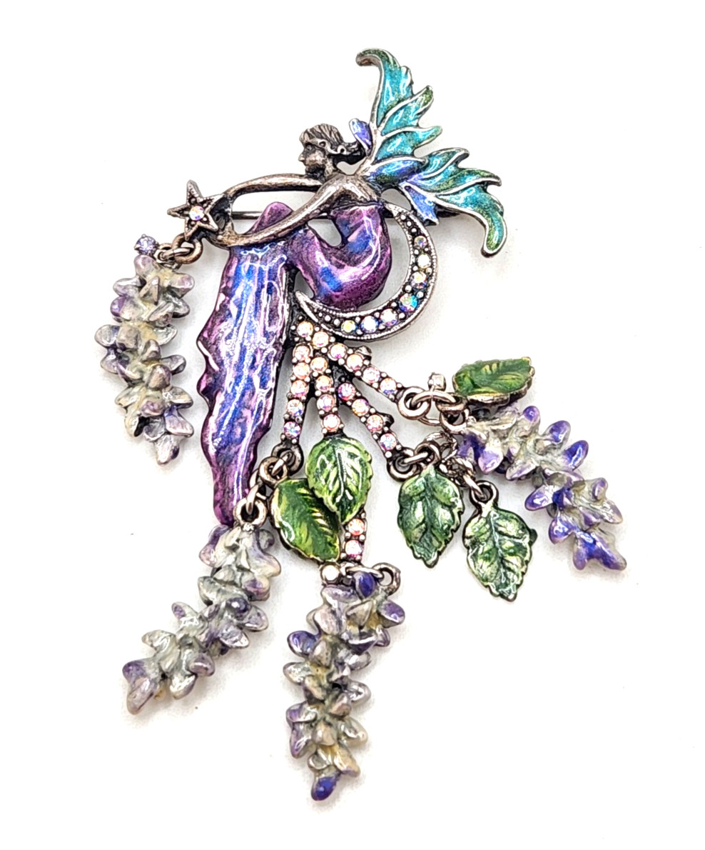Kirks Folly Silver-Tone Wisteria Fairy Moon Purple Enamel Rhinestone Brooch