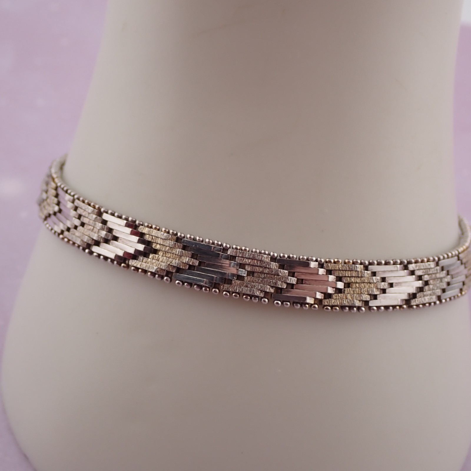 VTG Sterling Silver Rose Tone 6mm Bi-Color 7 1/2″ Flexible Bracelet 14.8 grams