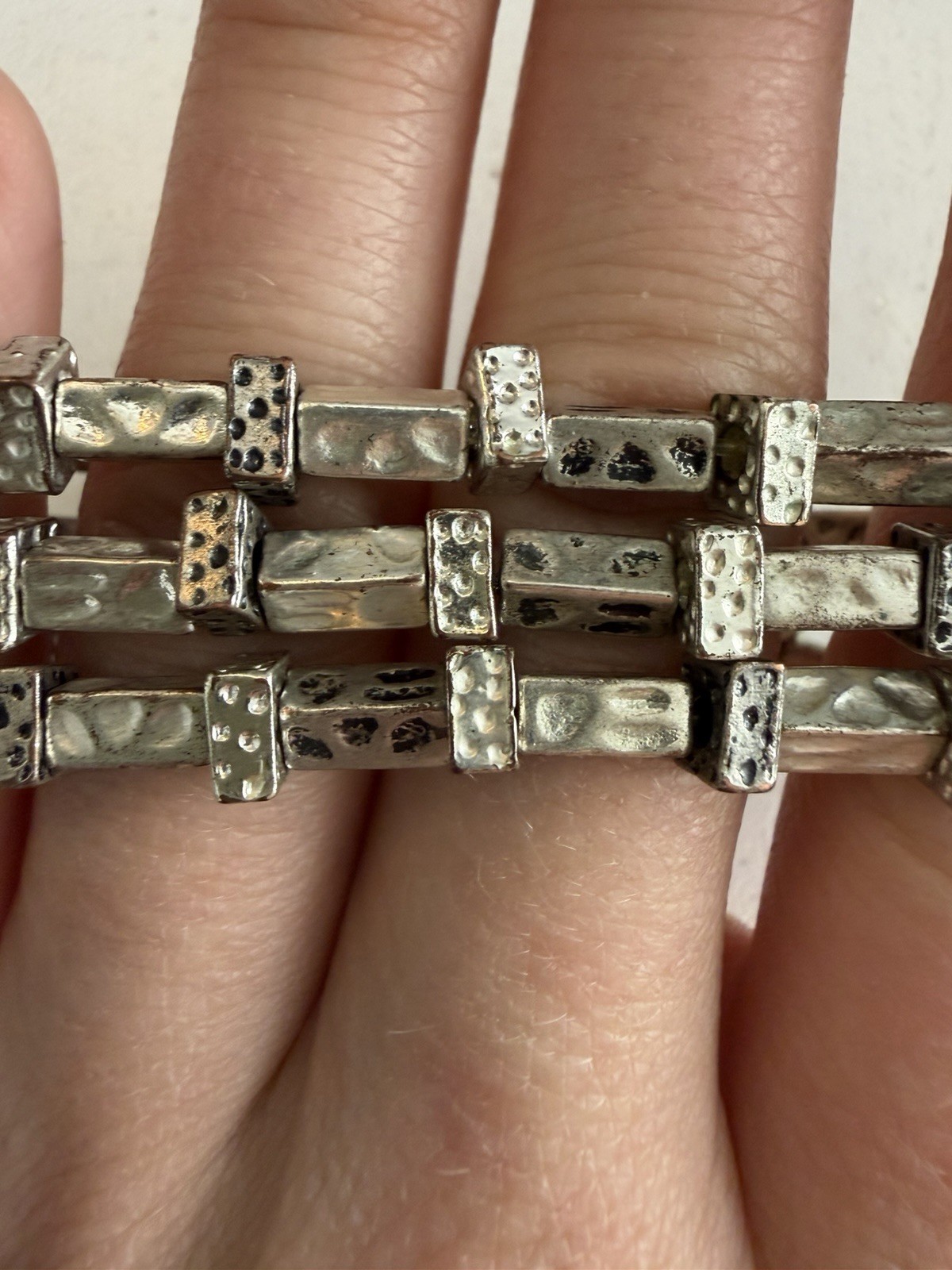 Vintage Silver Tone Triple Row Stretch Bracelet Hammered Brutalist Modernist